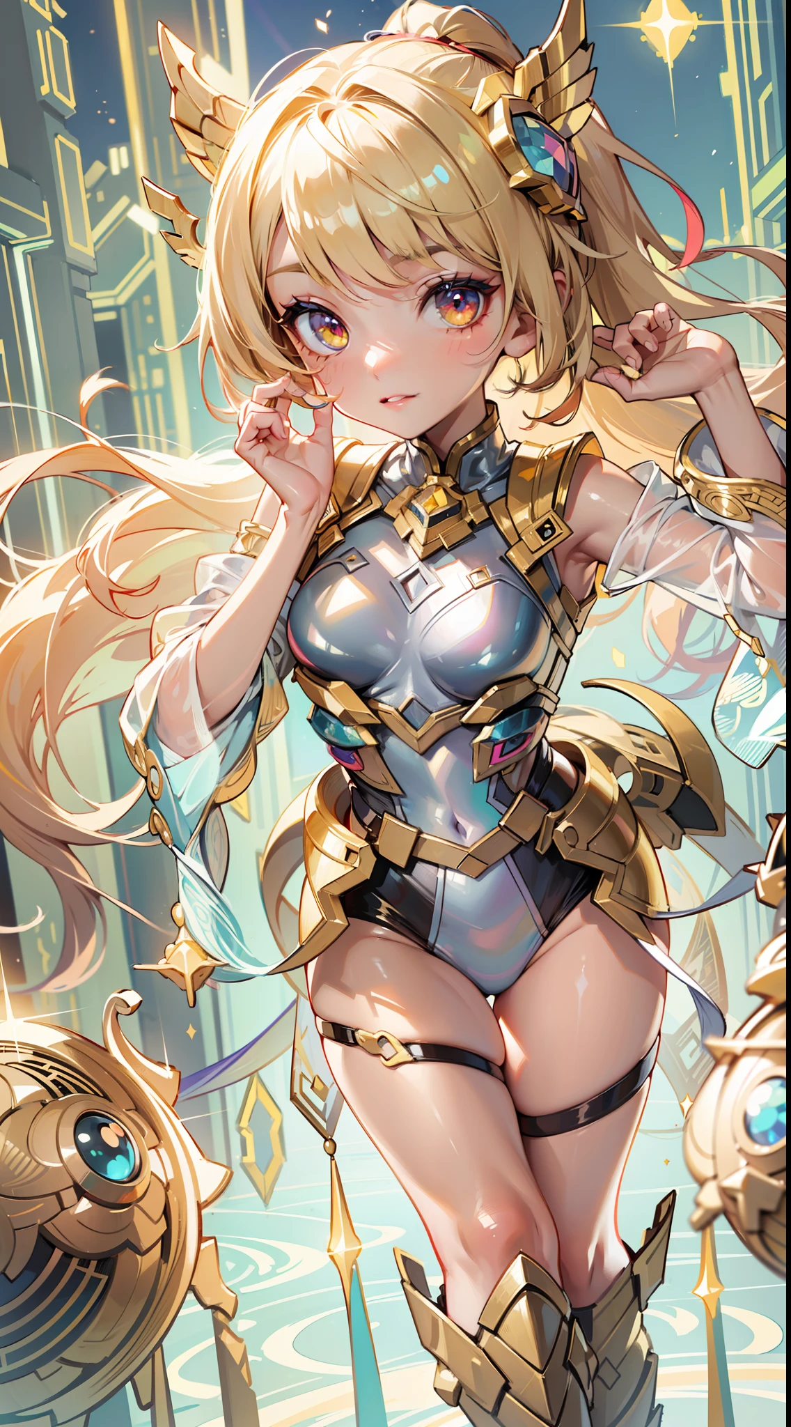 ((Masterpiece)), best quality, absurderes, ultra detailed, 8k, super complex details, intricate details, holographic, cowboy shot, golden ratio, super cute girl, mature girl, idol girl, aura super beautiful asian girl with very beautiful glowing eyes, beautiful glowing multicolored hair, high ponytail, nice and sexy body, slim body, perfect body, wearing a super tight and super cute leotard, a super sexy golden armor and cute and celestial hair ornament, with a cute magical pet, in a futuristic Tokyo