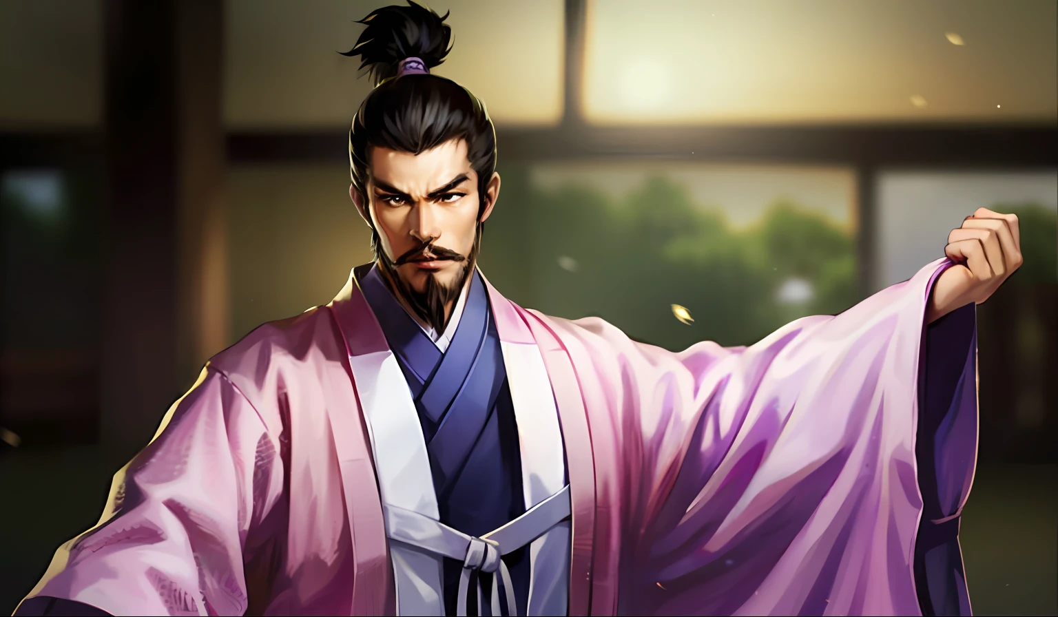 (8k, foto RAW, melhor qualidade, highres: 1.2), (realista, foto-realista: 1.37) , japanese male, japanese, facial_hair, barba, male_focus, 1boy, japanese_clothes, jovem, solo, bigode, katana, quimono, haori, black_hair, letterboxed, blurry_background, bainha,