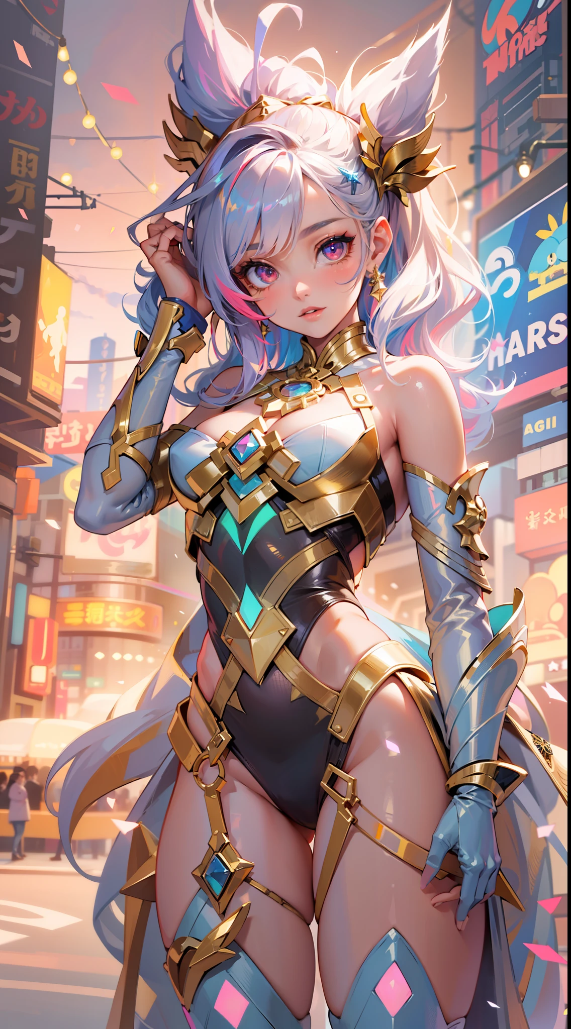 ((Masterpiece)), best quality, absurderes, ultra detailed, 8k, super complex details, intricate details, holographic, cowboy shot, golden ratio, super cute girl, mature girl, idol girl, aura super beautiful asian girl with very beautiful glowing eyes, beautiful glowing multicolored hair, high ponytail, nice and sexy body, slim body, perfect body, wearing a super tight and super cute leotard, a super sexy golden armor and cute and celestial hair ornament, with a cute magical pet, in a futuristic Tokyo