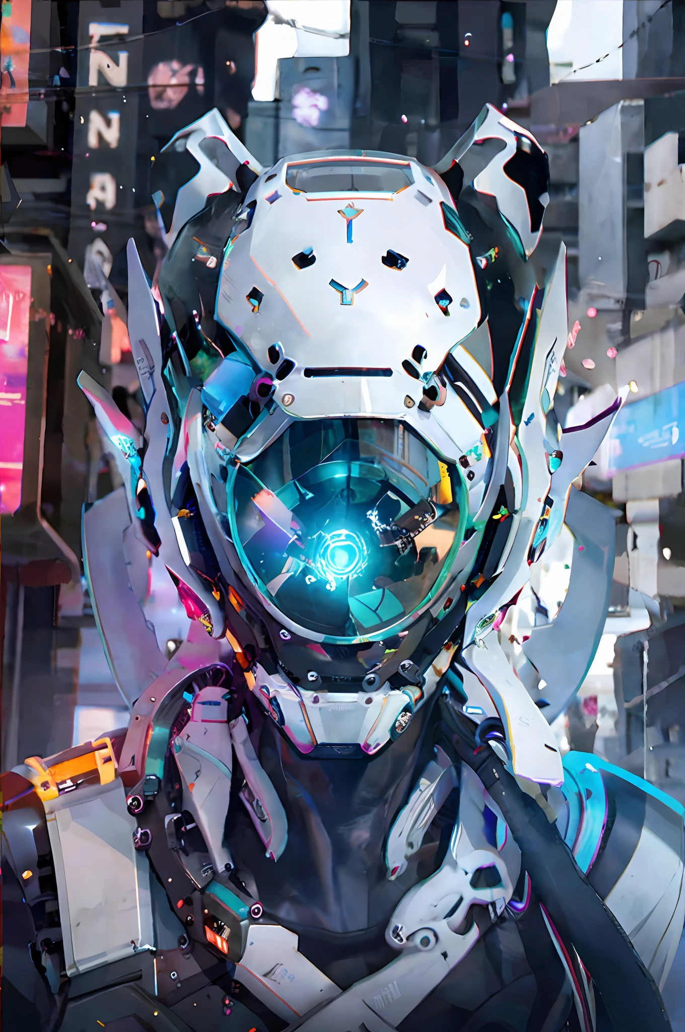 absurdres, highres, reflection, refraction:1.4, ultra detailed:1.4, (photorealistic:1.4, ultra high res, RAW photo), [[bokeh, blurry background]] BREAK (Cyberpunk:1.4), ((a cyborg in a cyberhelmet head girl)), solo, full body:1.2, (iridescent white body:1.6), ((machanical limbs)), character focus:1.2 BREAK science fiction, cinematic light, In the dark decaying ruins, ((super wide angle:1.2)), dutch angle, shot from below:1.6 BREAK, [neon lighting, vibrant glow, dynamic colors, striking contrast, futuristic vibe, electric energy, reflective surfaces]
