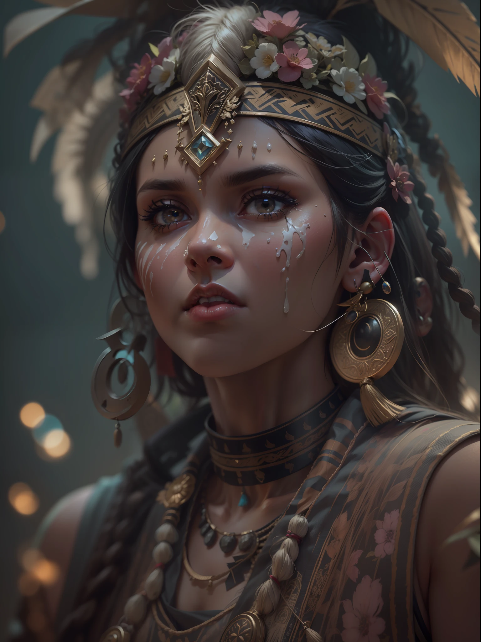female, ancient tribal warrior with pastel easter egg facepaint, photorealistic, centered, head and shoulder portrait, perfect composition, beautiful detailed intricate insanely detailed, octane render trending on artstation, 8 k artistic photography, photorealistic concept art, soft natural volumetric cinematic perfect light, chiaroscuro, masterpiece, oil on canvas, raphael, caravaggio, moody lighting, 8 k resolution, octane render, trending on artstation, haze, ultra-detailed, film photography, light leaks, trending on artstation, studio photo, intricate details, highly detailed, Nikon D3100 | ISO 450 | focal length 70 mm (Sigma 50mm f1.5) | aperture f/4 | exposure time 1/250 Sec (DRI)