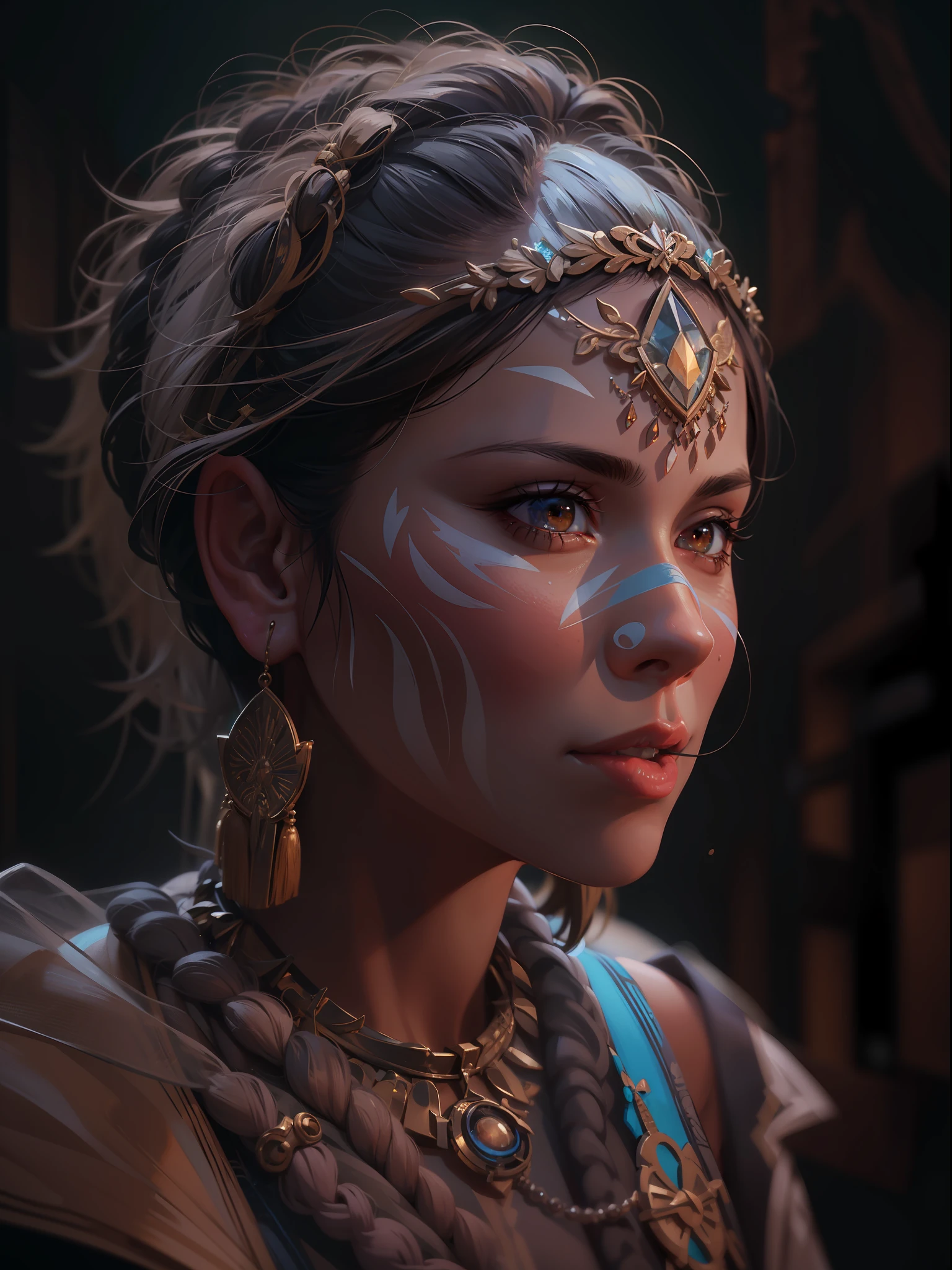 female, ancient tribal warrior with pastel easter egg facepaint, photorealistic, centered, head and shoulder portrait,  perfect composition, beautiful detailed intricate insanely detailed, octane render trending on artstation, 8 k artistic photography, photorealistic concept art, soft natural volumetric cinematic perfect light, chiaroscuro, masterpiece, oil on canvas, raphael, caravaggio,  moody lighting, 8 k resolution, octane render, trending on artstation, haze, ultra-detailed, film photography, light leaks, trending on artstation, studio photo, intricate details, highly detailed, Nikon D3100 | ISO 450 | focal length 70 mm (Sigma 50mm f1.5) | aperture f/4 | exposure time 1/250 Sec (DRI)