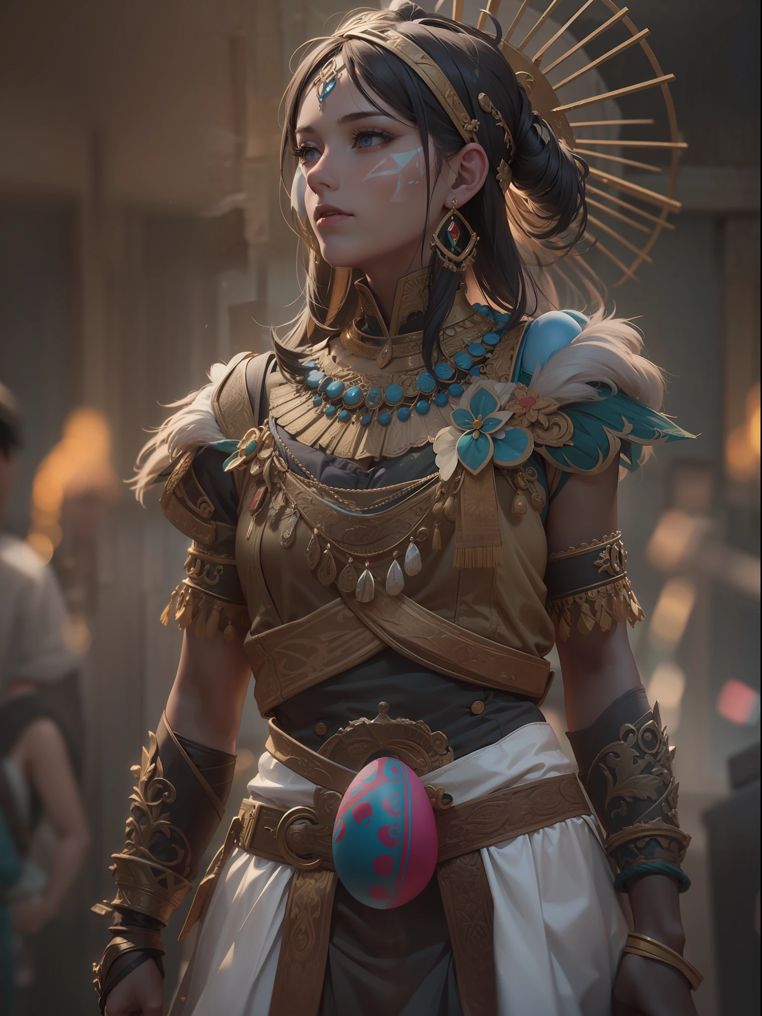 female, ancient tribal warrior with pastel easter egg facepaint, photorealistic, centered, head and shoulder portrait,  perfect composition, beautiful detailed intricate insanely detailed, octane render trending on artstation, 8 k artistic photography, photorealistic concept art, soft natural volumetric cinematic perfect light, chiaroscuro, masterpiece, oil on canvas, raphael, caravaggio,  moody lighting, 8 k resolution, octane render, trending on artstation, haze, ultra-detailed, film photography, light leaks, trending on artstation, studio photo, intricate details, highly detailed, Nikon D3100 | ISO 450 | focal length 70 mm (Sigma 50mm f1.5) | aperture f/4 | exposure time 1/250 Sec (DRI)