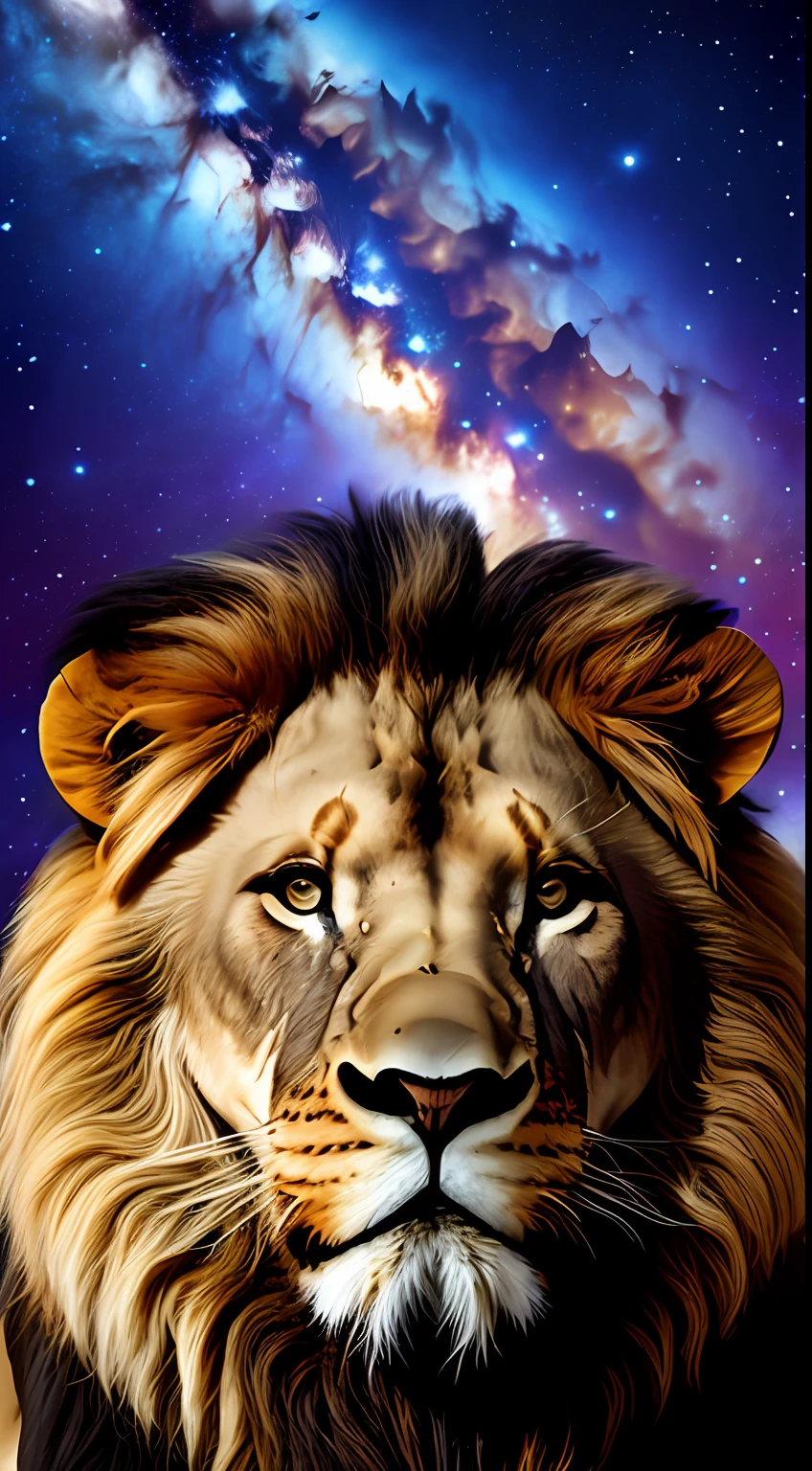 (large imposing realistic lion, living nebula), night sky, Milky Way, bright stars, strong contrast, hairy texture of lion skin, vivid and bright eyes.