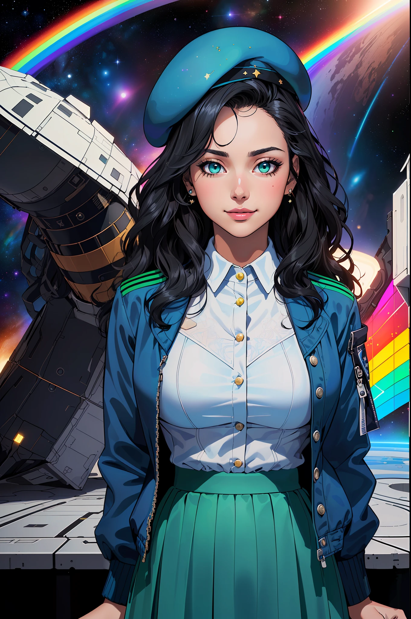 (((((ung woman))), the anime, Green eyes, (black hair), Nice face, ssmile, the perfect body, Wavy Hair, hairlong, (((morena))), big breastes, ((tmasterpiece, beste-Qualit)), illustartion, ультра детализированная 8k, Photorealistic, sharp-focus, higly detailed, Professional lighting, colorful details, Rainbow colors, Glowing, intricate detials, Vivid details, (Blue skirt), (blue jacket), (white shirt), outer space, Planet, the stars, a space ship , blue beret on his head