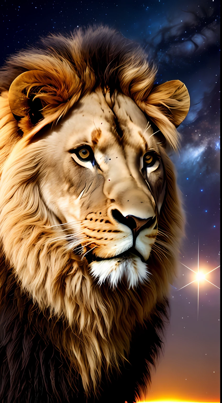 (large imposing realistic lion, living nebula), night sky, Milky Way, bright stars, strong contrast, hairy texture of lion skin, vivid and bright eyes.