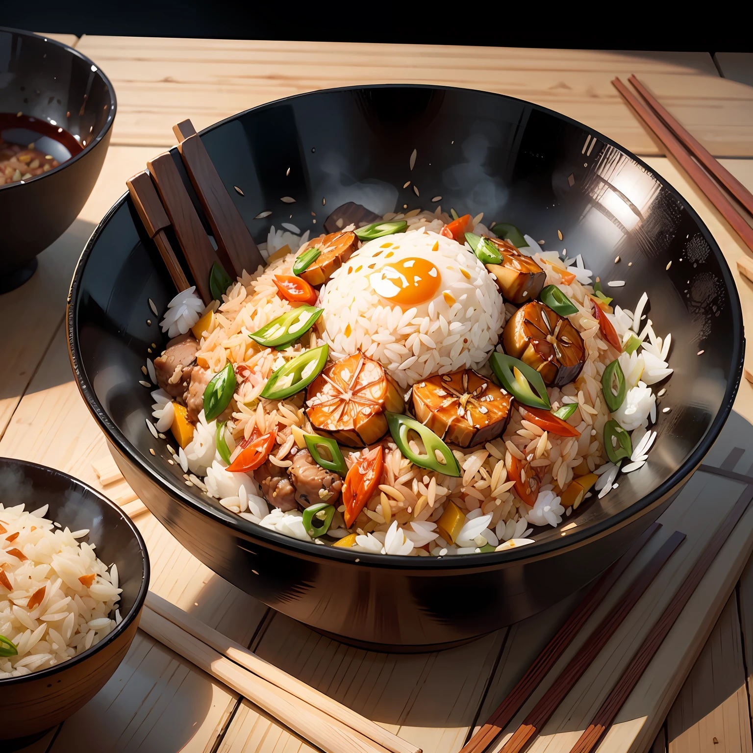 Fried rice, rice, dried shrimp, bowl, soy sauce, ingredients --auto
