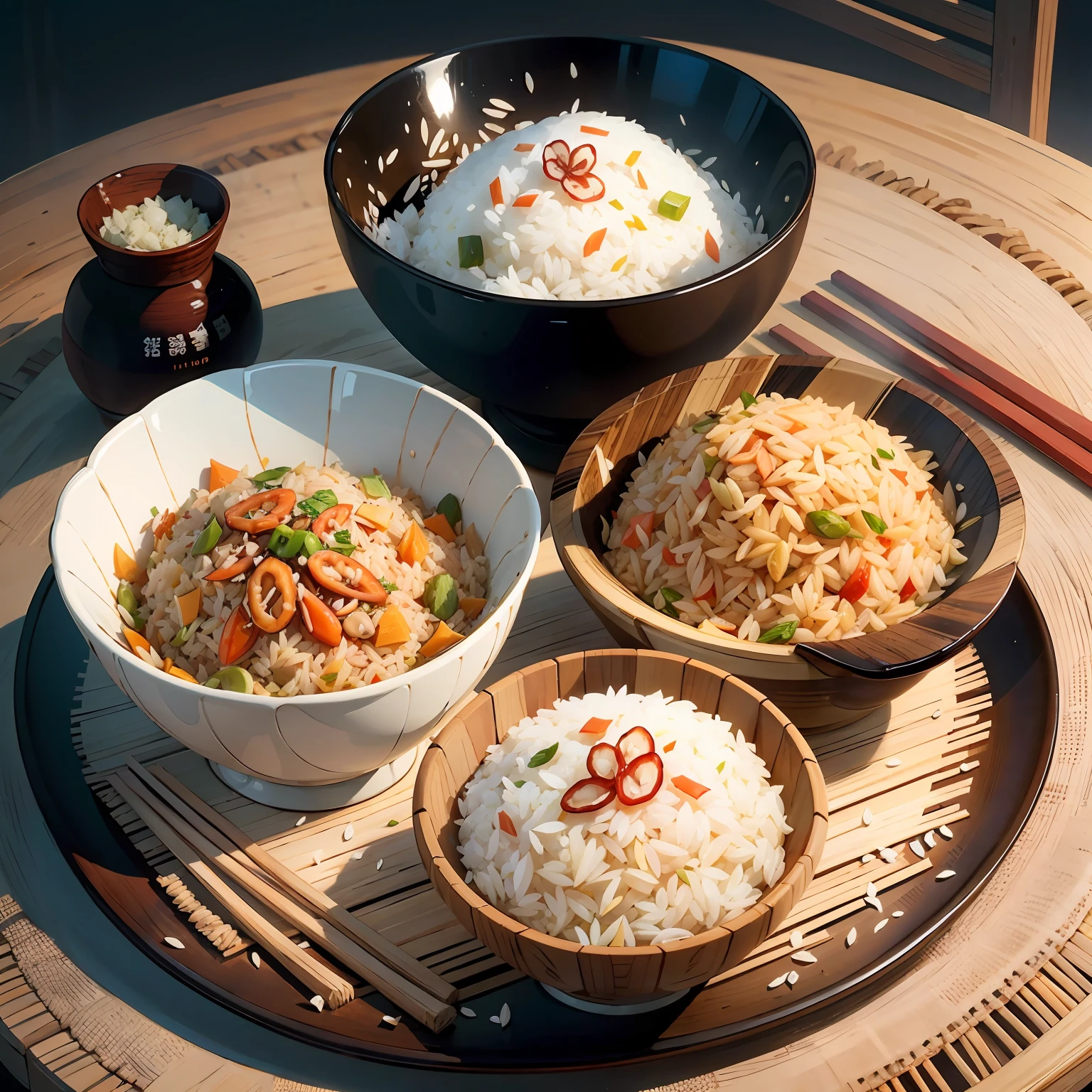 Fried rice, rice, dried shrimp, bowl, soy sauce, ingredients --auto