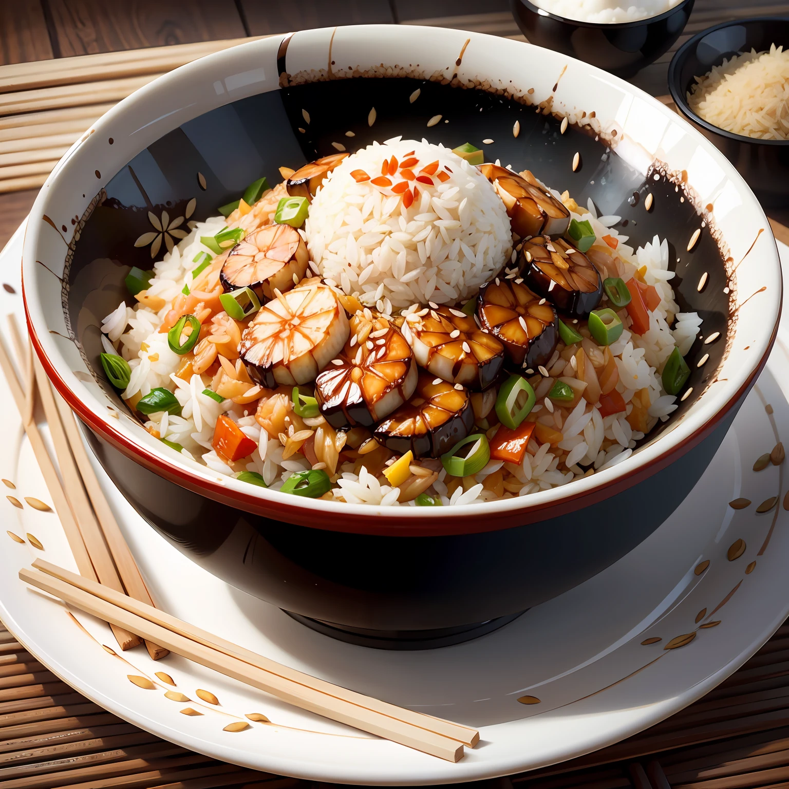 Fried rice, rice, dried shrimp, bowl, soy sauce, ingredients --auto