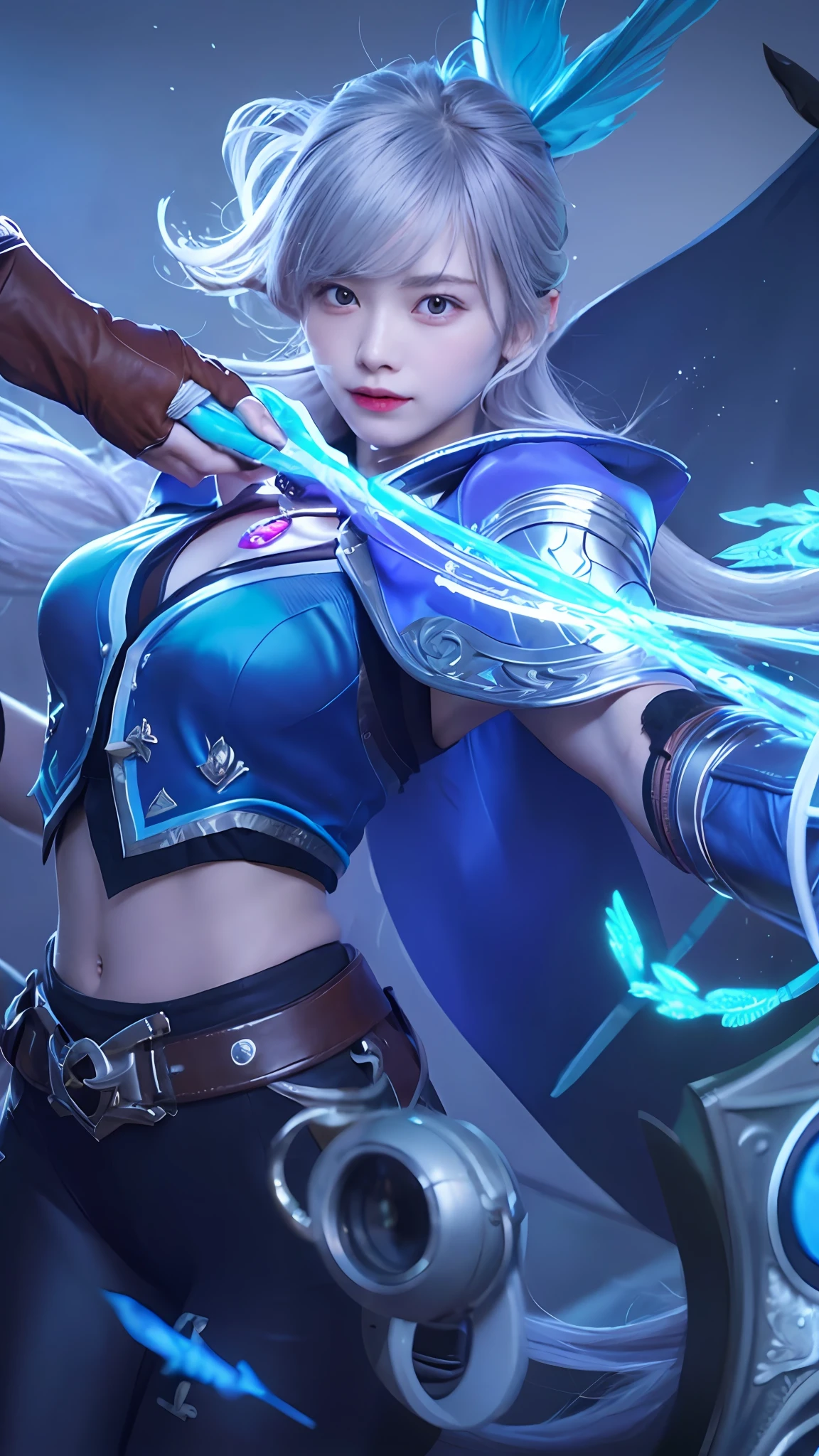 ((Best quality, 8k, Masterpiece: 1.3)), character miya Mobile Legends: Bang Bang , Sharp focus: 1.2, Cute beautiful woman with perfect body: 1.4, Highly detailed face and skin texture, natural skin without makeup, Detailed eyes, arrow holding position, eye focus target, realistic, ultra detail