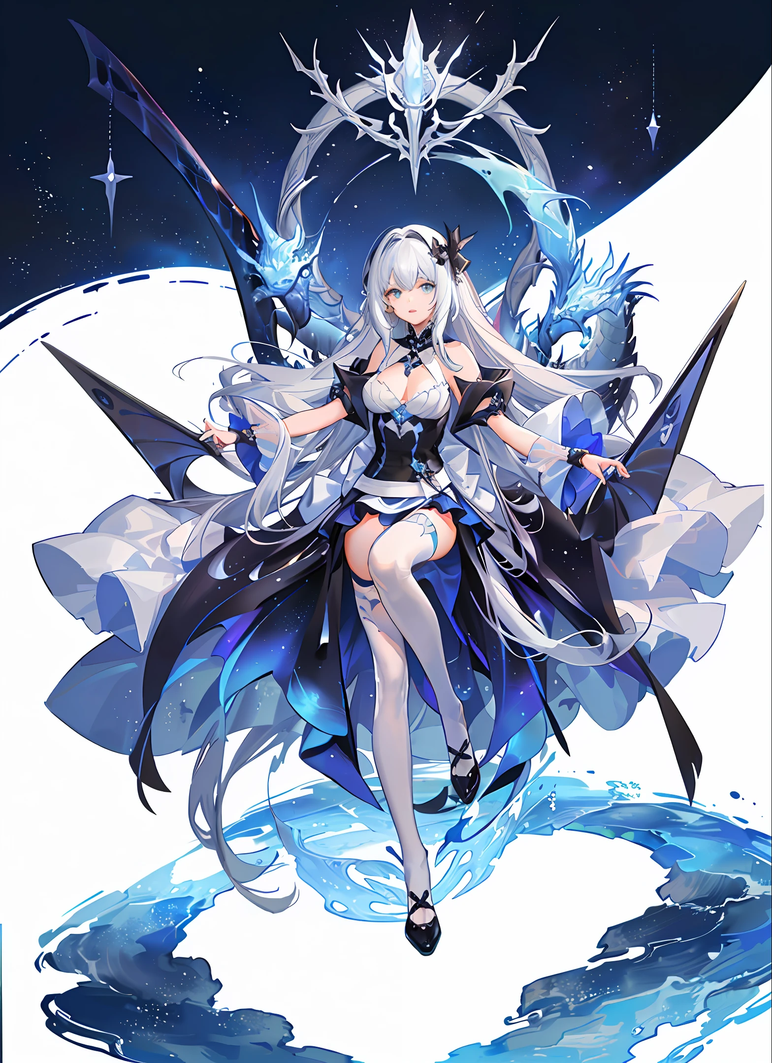 Bright cyan eyes, long white hair, dragon clan, girl, twinkling starry galaxy as background, gentle, white lace-trimmed stockings, black leg ring, silver-white collar