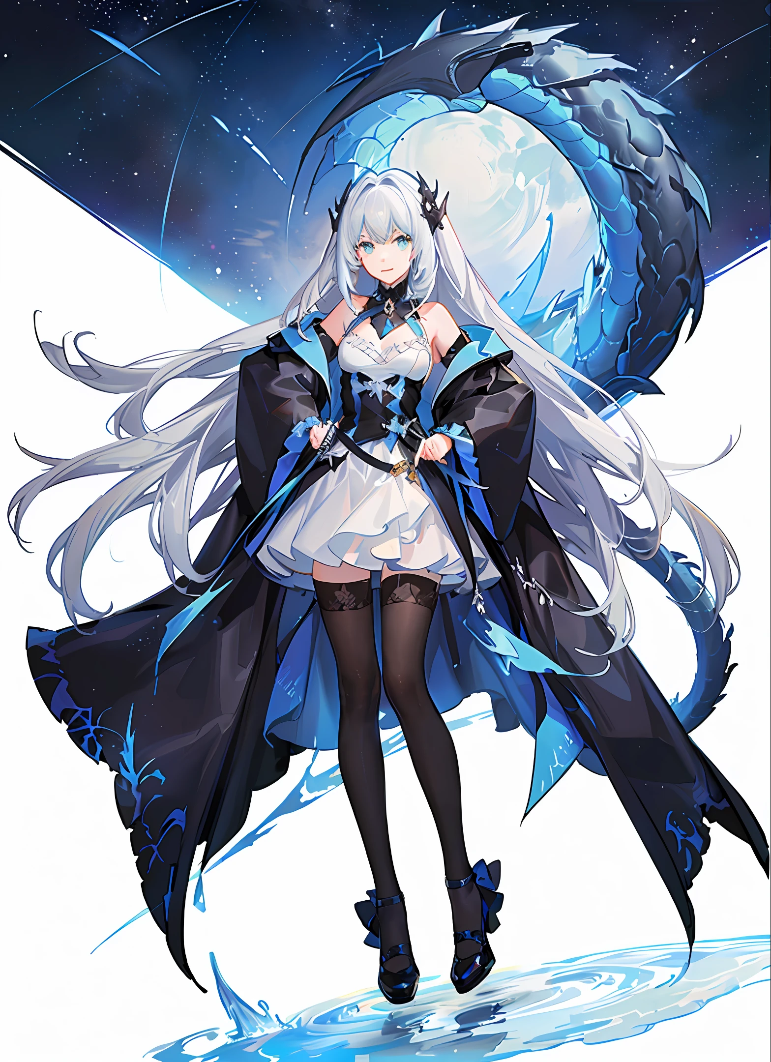 Bright cyan eyes, long white hair, dragon clan, girl, twinkling starry galaxy as background, gentle, white lace-trimmed stockings, black leg ring, silver-white collar