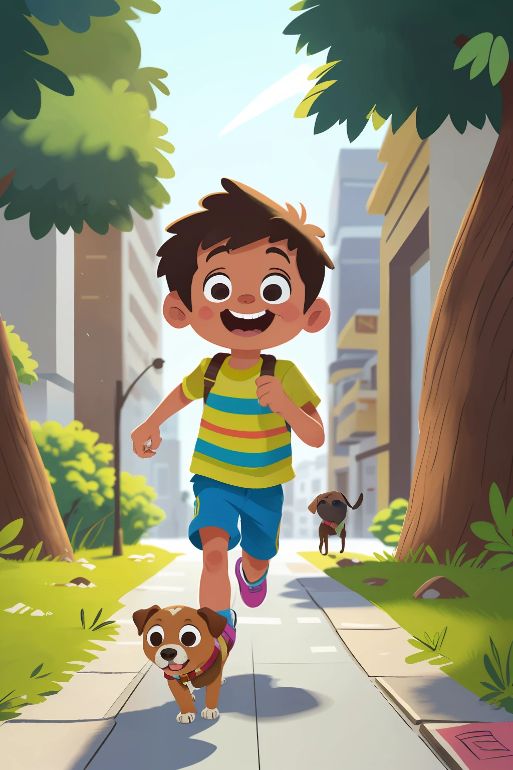 um menino correndo, um cachorro correndo, feliz, feliz, em uma rua de uma grande cidade ao fundo