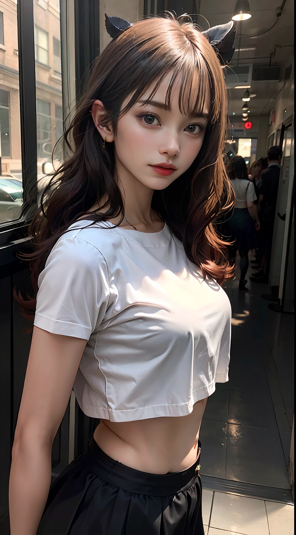 Girl with black and long demonic ears, showing gold panties, wearing a very short school skirt, wearing a white cropped t-shirt, red hair, pretty face, symmetrical face, wavy hair, girl posing with her back turned.8K, Top Quality, Real Images, Intricate Details, Ultra Detail, Ultra High Resolution, Depth Field, (Photorealistic, Realistic: 1.2), Masterpiece, 8K wallpaper, ultra high definition,no bra,dramatic light,hand detailed