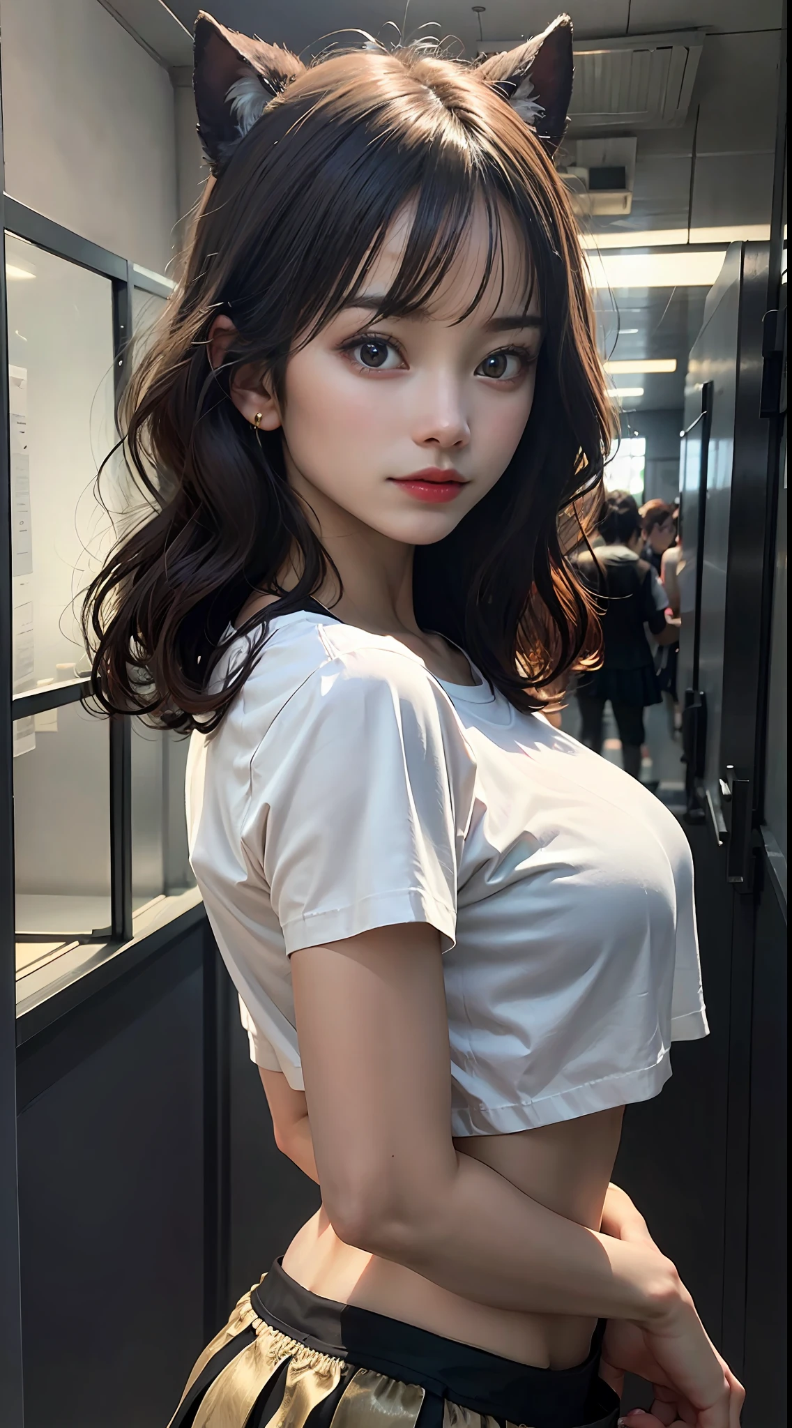 Girl with black and long demonic ears, showing gold panties, wearing a very short school skirt, wearing a white cropped t-shirt, red hair, pretty face, symmetrical face, wavy hair, girl posing with her back turned.8K, Top Quality, Real Images, Intricate Details, Ultra Detail, Ultra High Resolution, Depth Field, (Photorealistic, Realistic: 1.2), Masterpiece, 8K wallpaper, ultra high definition,no bra,dramatic light,hand detailed