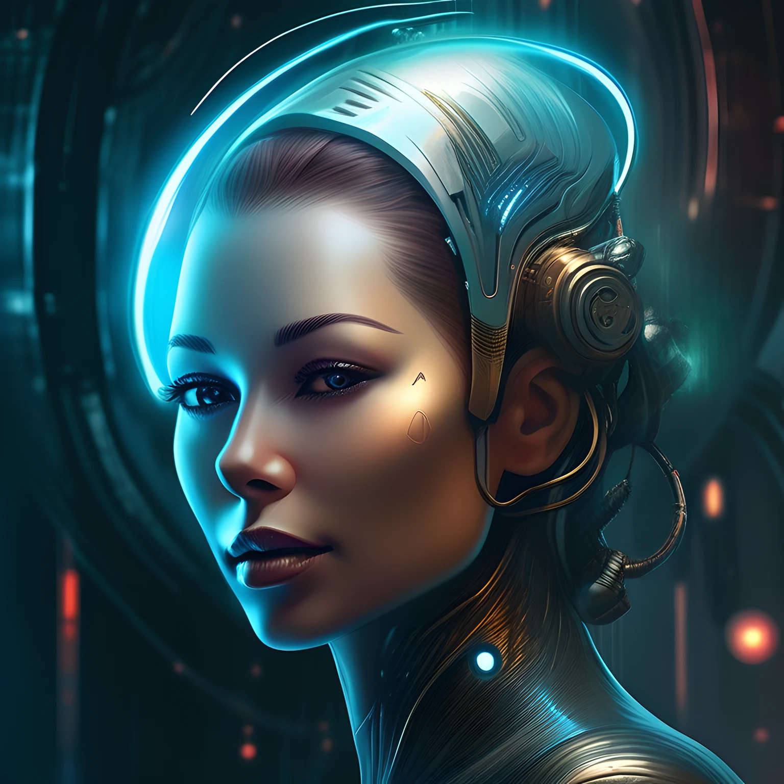 a painting of a woman with a futuristic head and a futuristic face, an airbrush painting inspired by Marek Okon, trending on zbrush central, fantasy art, greg beeple, futuristic art, futuristic painting, aetherpunk airbrush digital art, airbrush digital art, cyborg goddess in cosmos, great digital art with details, futuristic art style