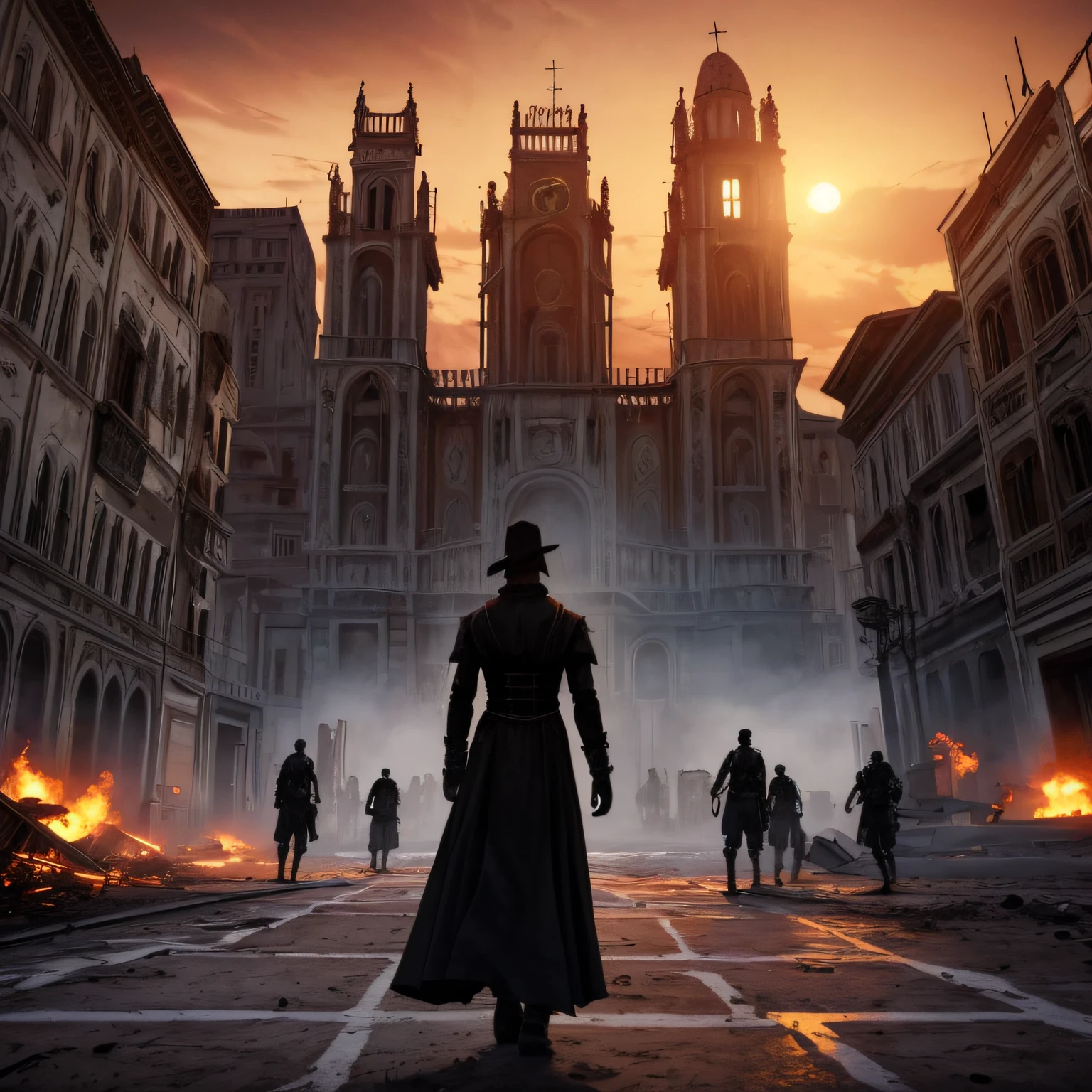 "(((obra maestra))), Calidad excepcional, Detalles ultra-realistas, cinematic scene, 8K camera, Impressive artistic style, Dynamic zombie pose, Gothic city devastated by military attack, ambiente de atardecer."