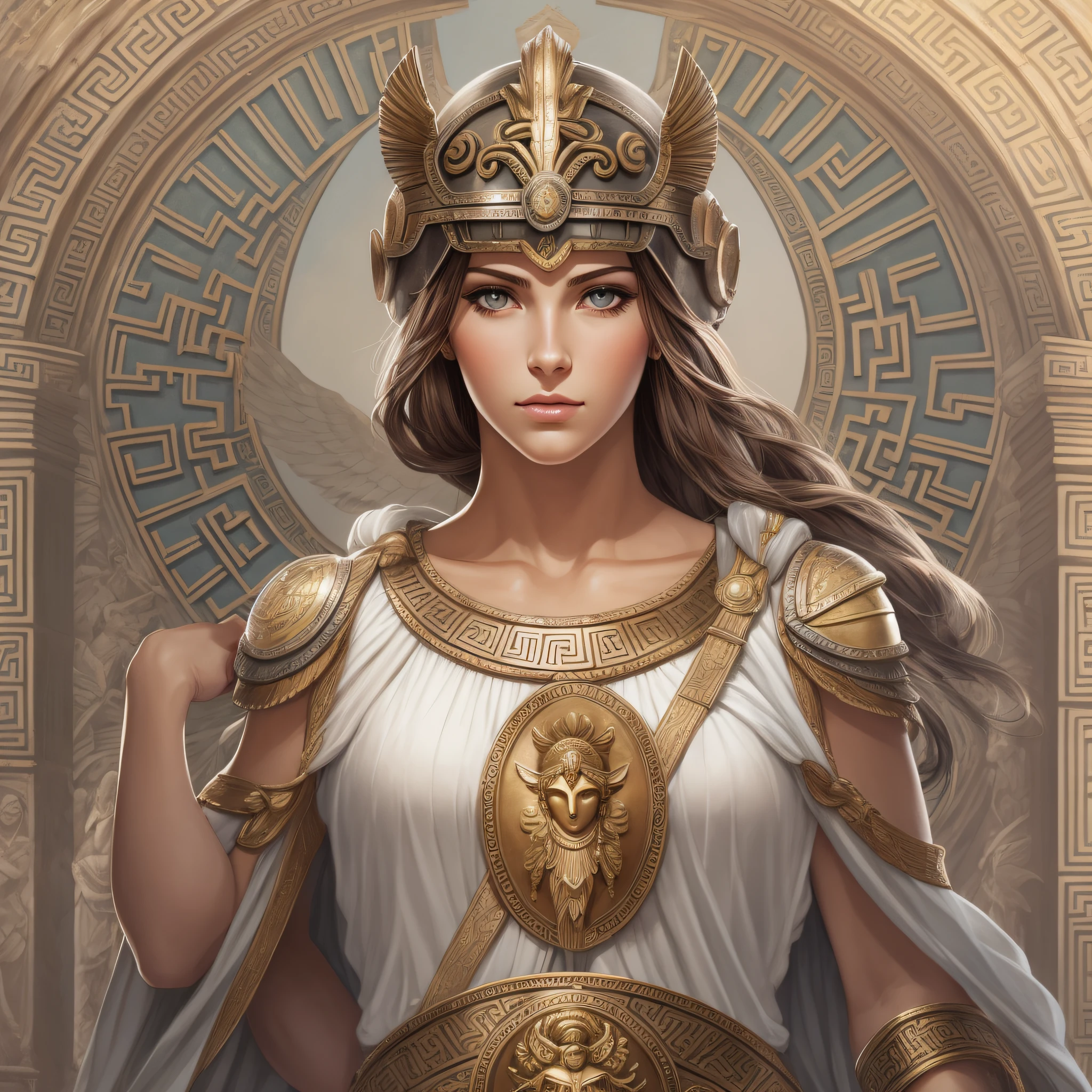 "Greek Goddess Athena, brown hair, gray eyes, greek helmet"
