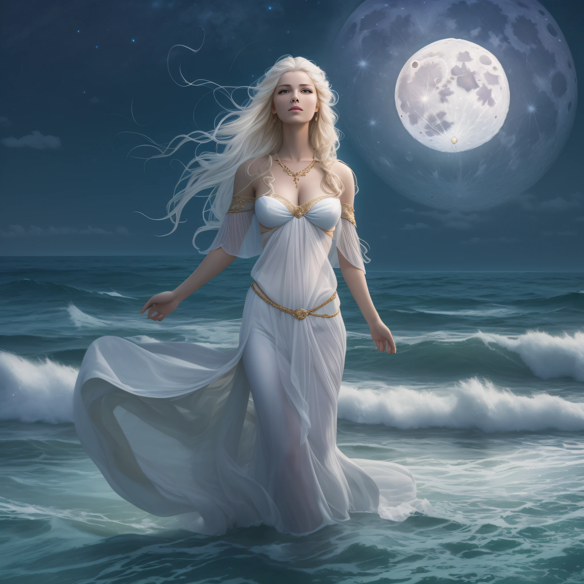 A white blonde goddess is coming from Ocean, she is standing above waters, she is full nuce, Full Moon at sky