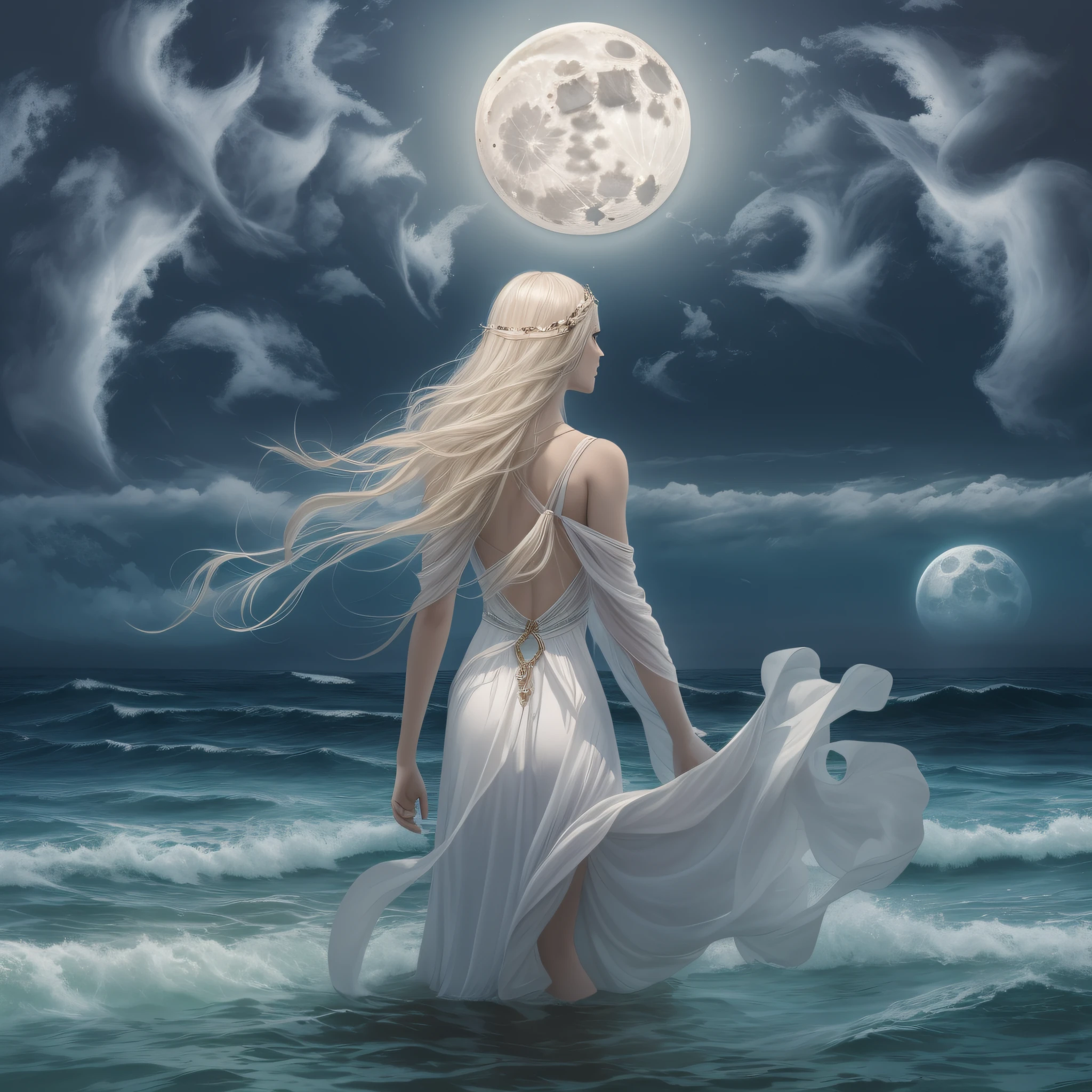 A white blonde goddess is coming from Ocean, she is standing above waters, she is full nuce, Full Moon at sky