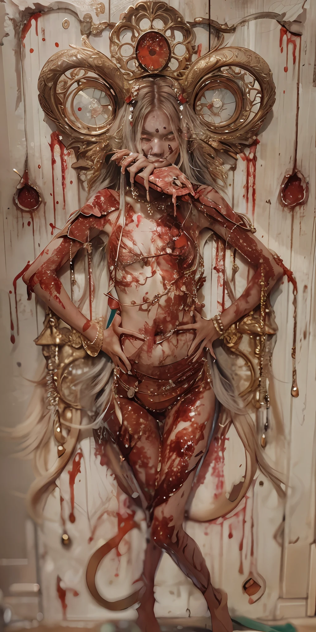 1girll, solo person,,tmasterpiece,best qualtiy,ultra fine photos,full-body portraits,delicated face, Beautiful and moving,Bleeding eyes,Tear open your stomach with both hands,Skin tears,Exposure of gastric viscera,Blood ran down his stomach