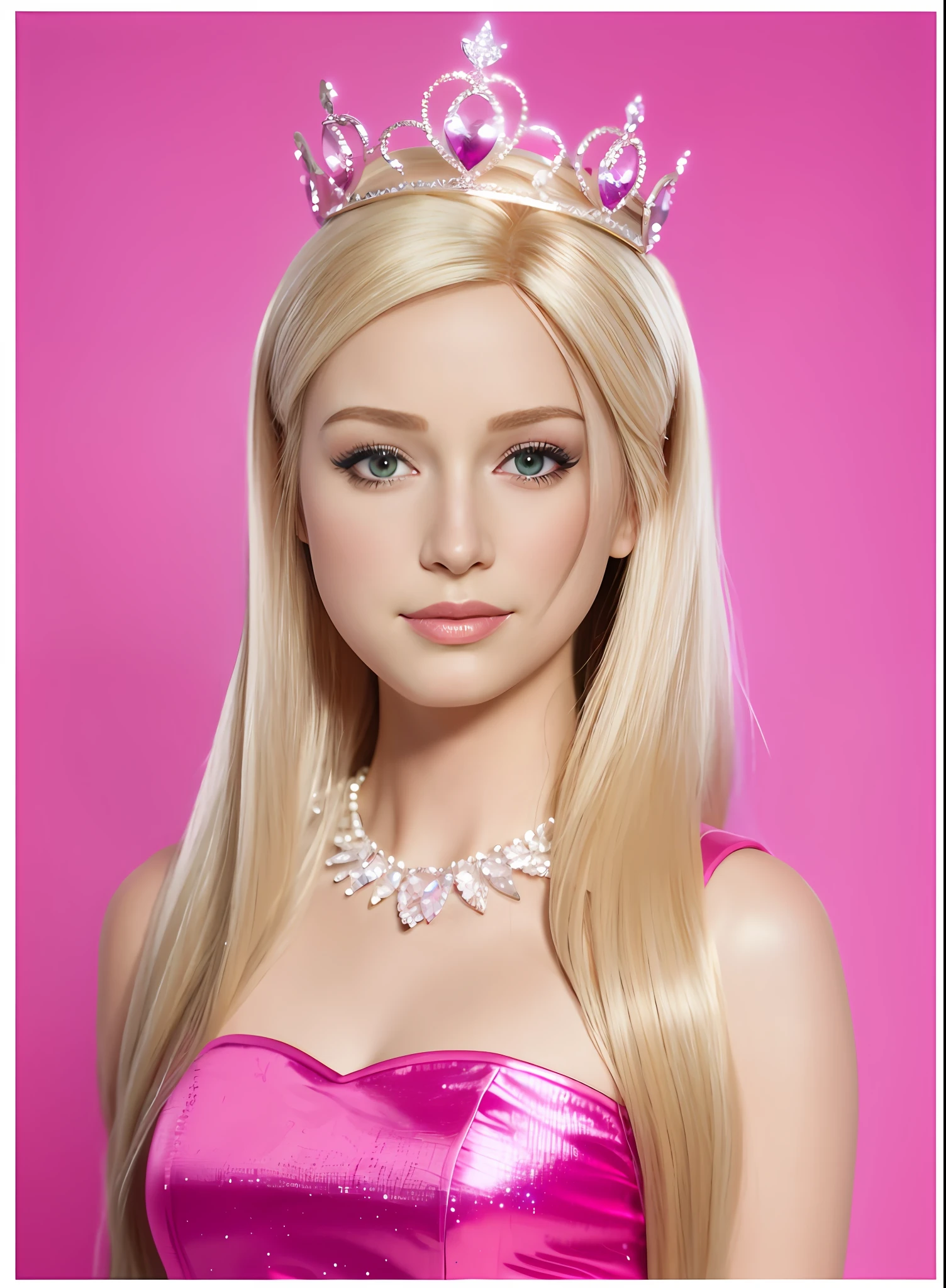 Barbie with TIA and pink dress on her head, Portrait of Barbie, barbiecore, anime barbie doll, blond-haired princess, artificial intelligence princess, beautiful female princess, Barbie, uma linda princesa, Barbie or Ken dolls, princess portrait, plastic barbie doll, portrait painting of a princess, princess girl, Realistic. Cheng Yi, disney photo realistic