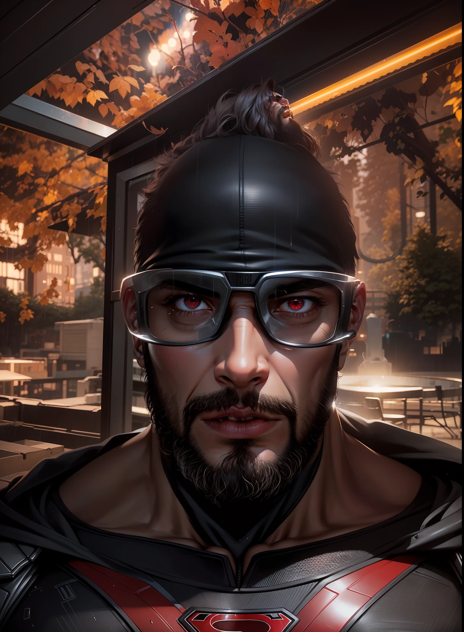 Superman award-winning photo of a man, black superhero suit, black cape, square jawline, asymmetric face, hair, big beard, in rain, angry, red eyes, purple light, 80mm, bokeh, mass effect, close up, fking_cinema_v2, 8k, cinematic