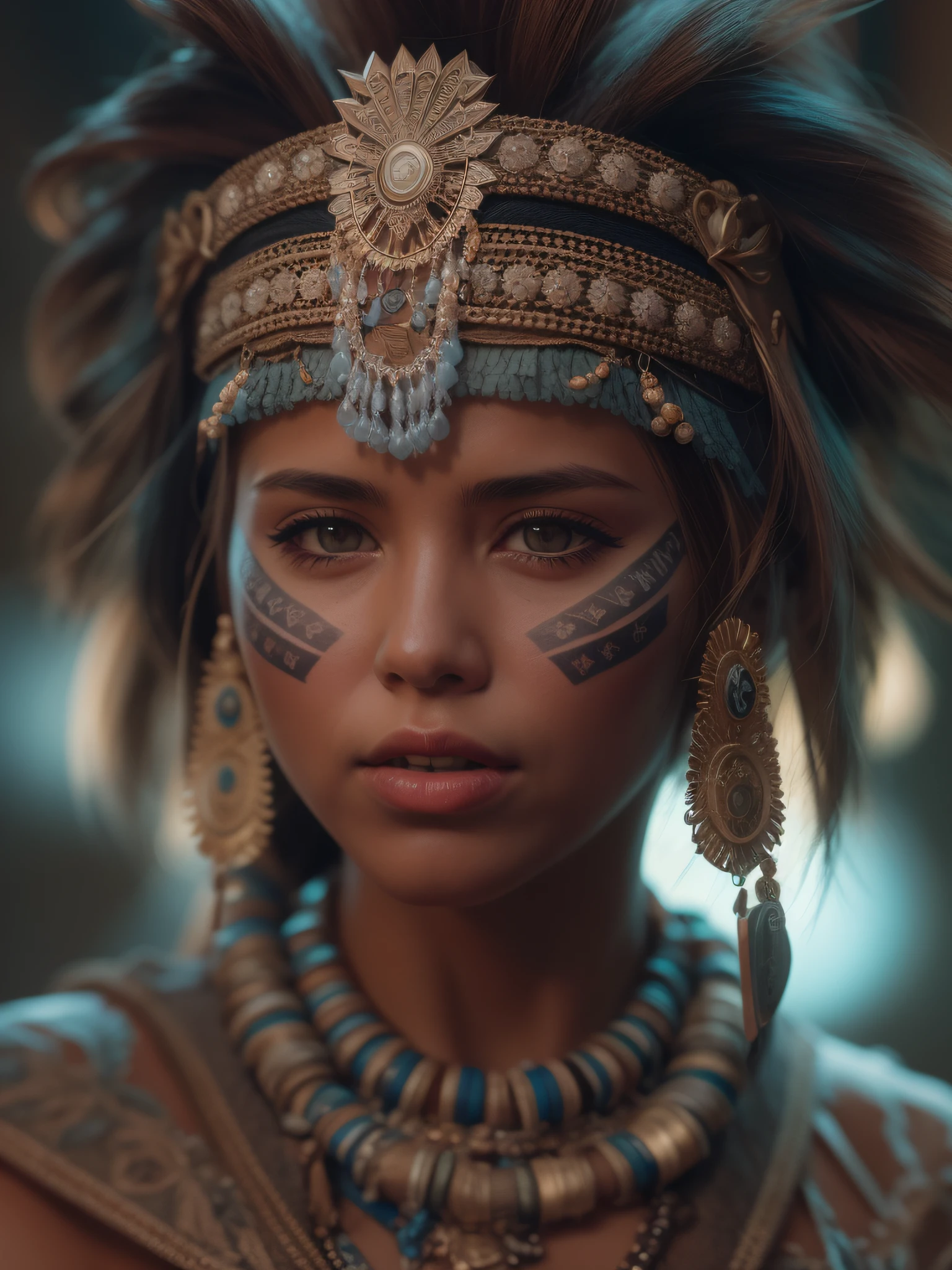 female, ancient tribal warrior with pastel easter egg facepaint, photorealistic, centered, head and shoulder portrait,  perfect composition, beautiful detailed intricate insanely detailed, octane render trending on artstation, 8 k artistic photography, photorealistic concept art, soft natural volumetric cinematic perfect light, chiaroscuro, masterpiece, oil on canvas, raphael, caravaggio,  moody lighting, 8 k resolution, octane render, trending on artstation, haze, ultra-detailed, film photography, light leaks, trending on artstation, studio photo, intricate details, highly detailed, Nikon D3100 | ISO 450 | focal length 70 mm (Sigma 50mm f1.5) | aperture f/4 | exposure time 1/250 Sec (DRI)