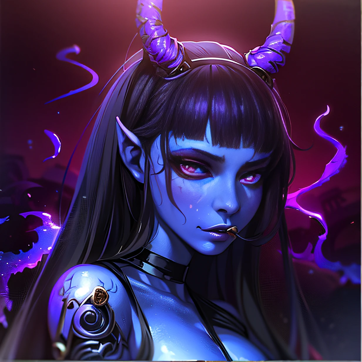 a close up of a woman with horns and a demon face, blue tiefling, tiefling, demon girl, portrait of demon girl, cosmic tiefling d&d, tiefling from d & d, girl design lush horns, dnd portrait of a tiefling, painted in the style arcane, demon anime girl, portrait of a female demon, oni horns