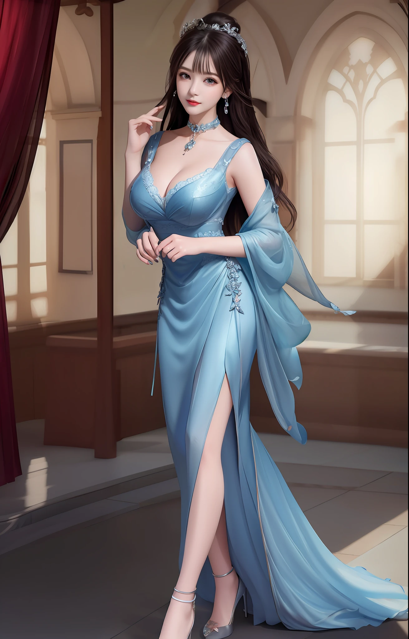 rosto magro,Slim,Lori huge breasts cleavage,Best quality、tmasterpiece、A high resolution、1girll、Porcelain dress、hair adornments、choker necklace、jewely、pretty face、Physically、Tyndall effect、realisticlying、Shadow Studio、edge lit、bicolor lighting、(highdetailskin:1.2)、8K UHD、Digital SLR、softlighting、high high quality、volumettic light、sneak shot、photore、A high resolution、4K、8K、The background is blurred out,Full body photo,Jade foot,