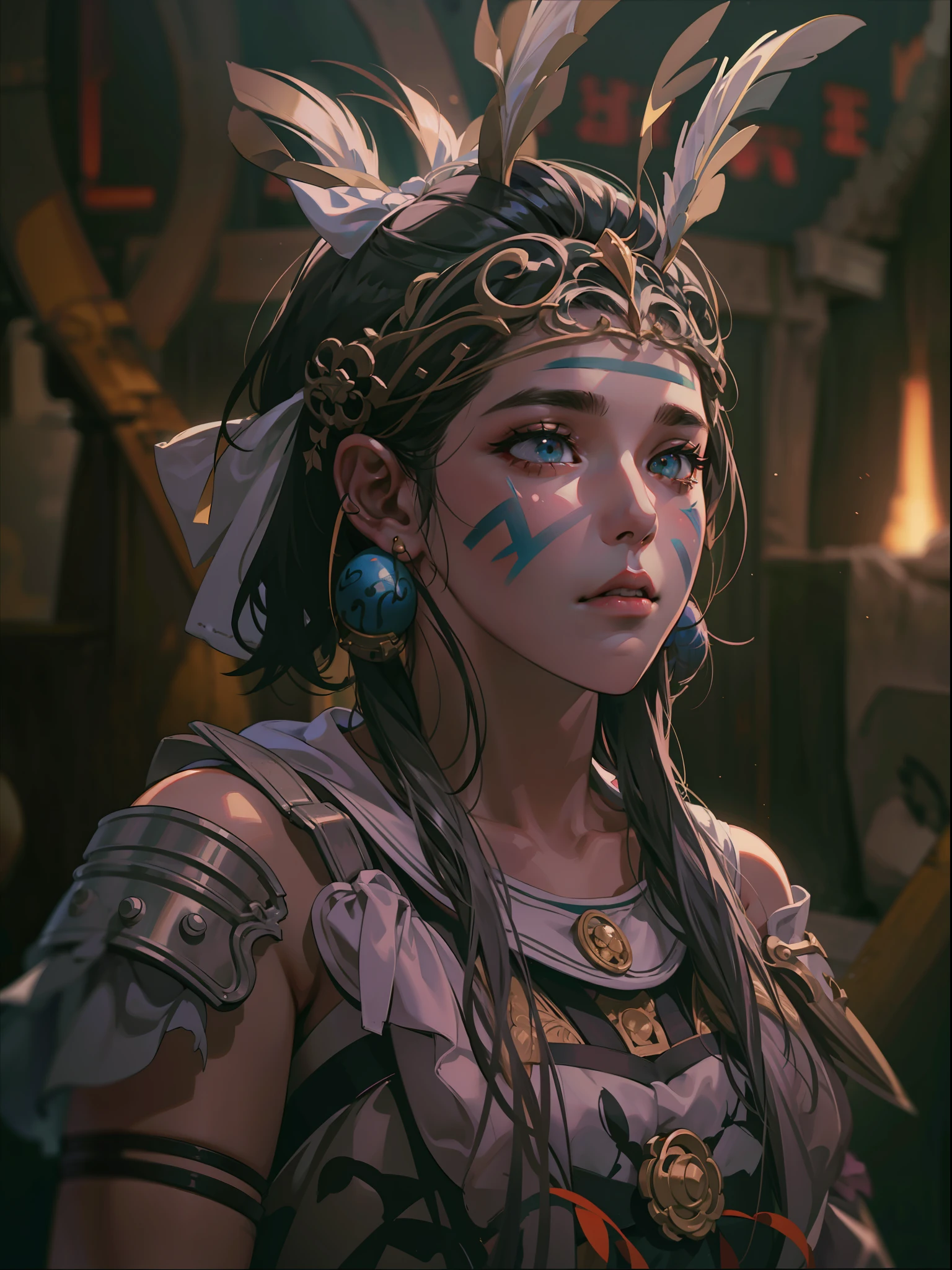 female, ancient tribal warrior with pastel easter egg facepaint, photorealistic, centered, head and shoulder portrait, perfect composition, beautiful detailed intricate insanely detailed, octane render trending on artstation, 8 k artistic photography, photorealistic concept art, soft natural volumetric cinematic perfect light, chiaroscuro, masterpiece, oil on canvas, raphael, caravaggio, moody lighting, 8 k resolution, octane render, trending on artstation, haze, ultra-detailed, film photography, light leaks, trending on artstation, studio photo, intricate details, highly detailed, Nikon D3100 | ISO 450 | focal length 70 mm (Sigma 50mm f1.5) | aperture f/4 | exposure time 1/250 Sec (DRI)