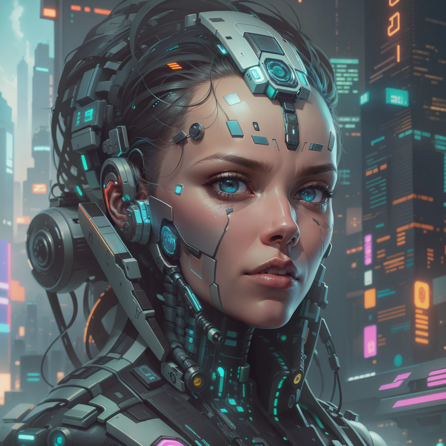 a close up of a person with a futuristic head and a city in the background, detailed portrait of a cyborg, intricate transhuman, portrait of a cyborg, portrait of a cyberpunk machine, cyborg portrait, symmetry!! portrait of cyborg, advanced digital cyberpunk art, portrait of cyborg, greg beeple, portrait of an android, cyberpunk transhumanist