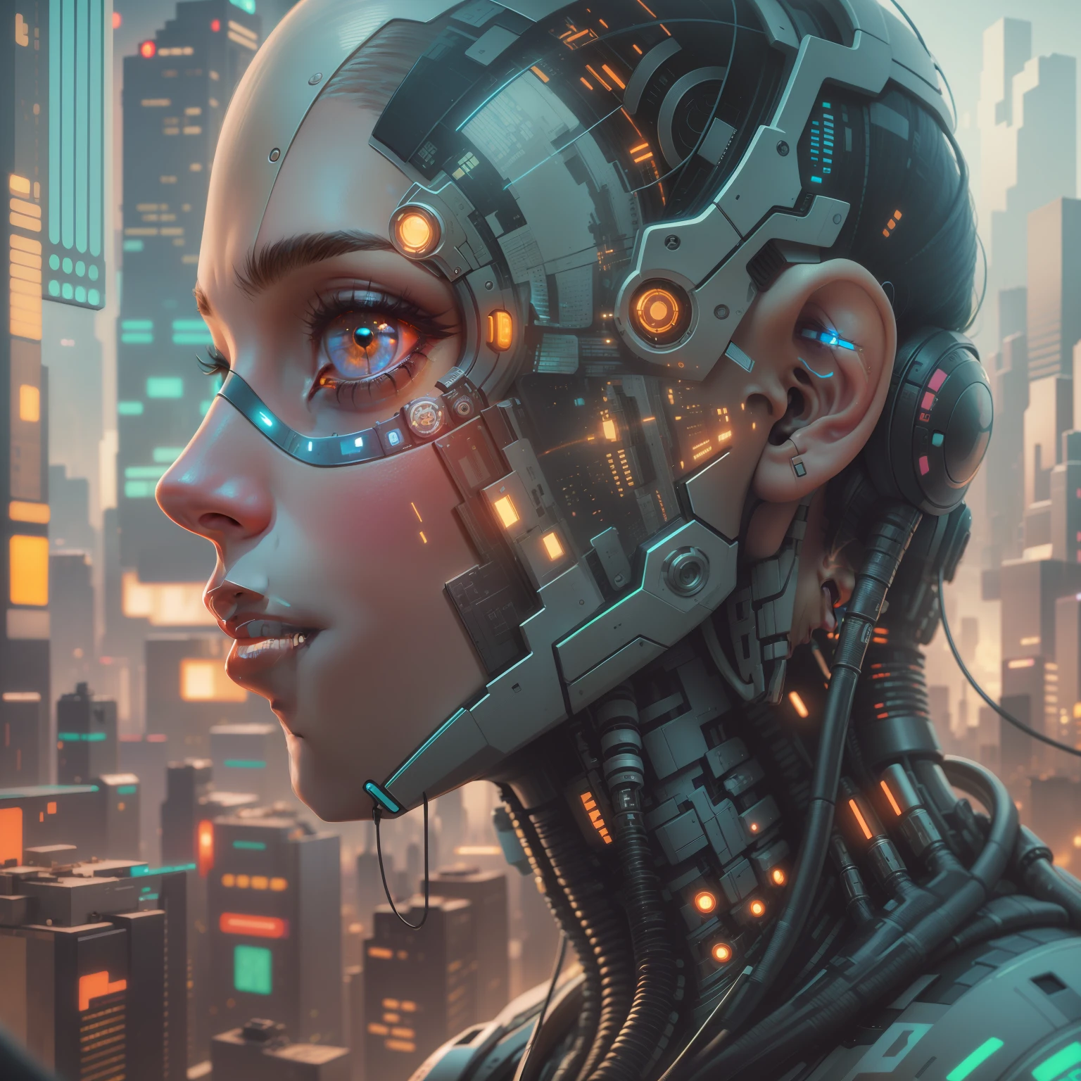 a close up of a person with a futuristic head and a city in the background, detailed portrait of a cyborg, intricate transhuman, portrait of a cyborg, portrait of a cyberpunk machine, cyborg portrait, symmetry!! portrait of cyborg, advanced digital cyberpunk art, portrait of cyborg, greg beeple, portrait of an android, cyberpunk transhumanist