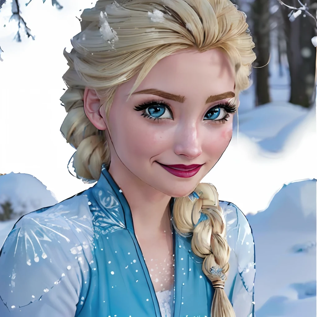 ElsaWaifu,1girl, (realistic:1.4), (pixiv:1.3), perfect illumination, distinct, (bishoujo:1.2), unreal engine, sidelighting, perfect face, detailed face, detailed beautiful blue eyes, pretty face, (bright skin:1.2),smile, full body, blonde hair, (snow landscape background),  (depth of field),blue dress, single braid, looking at viewer,