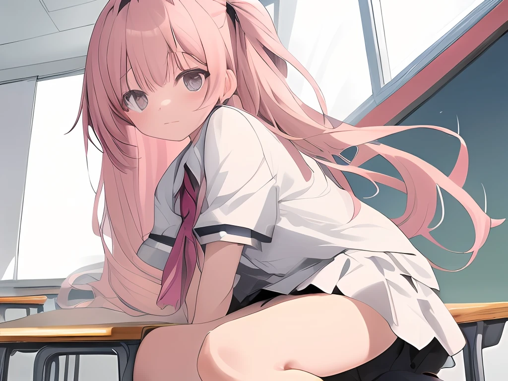 Anime girl with pink hair sitting on table in school uniform, Smooth anime CG art, Beautiful Anime High School Girls, Anime girl with long hair, Surrealism female students, Realistic schoolgirl, seductive anime girls, Surrealism female students, Cute anime girl, up of young anime girl, Anime art wallpaper 8 K, attractive anime girls, Beautiful anime girl，