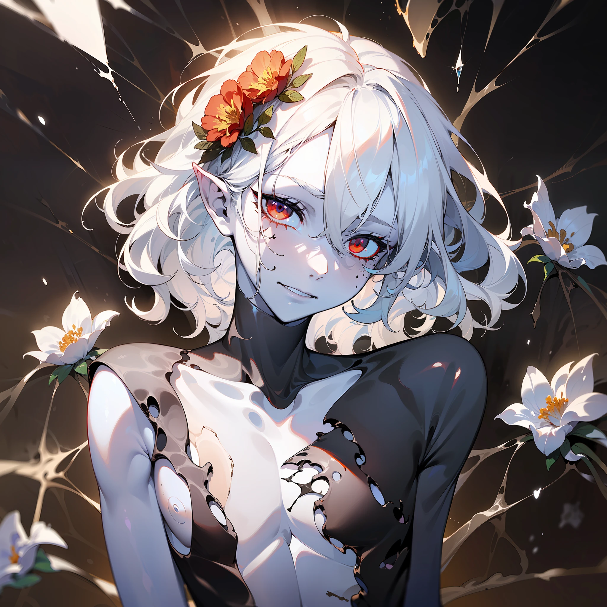 one young man, twink, (((male))), (((man))), (((one person))), (((single))), (((solo))), 1guy, (((white skin))), (((white colored skin))), (((white-skinned))), (((marble skin))), (((porcelain skin))), (((white hair))), (((white colored hair))), (((red colored eyes))), ((medium short hair)), (chin-length hair), (((wavy hair))), (((slim body))), (((very flat chest))), (((flat chest))), slim waist, (((wearing fantasy clothes))), (white lace on clothes), ((fantasy style)), ((wearing flowers in his hair)), flowercrown, ((pointy ears)), sunny weather, smooth skin, ((alone)), smiling, (((cracks in the skin))), ((fissures in the skin)), (((black ink splatters on face))), (((black ink splatters))), (black ink stains on clothes), (((black ink dripping))), (((skin cracking like porcelain))), (((black scars all over the skin))), (((black scars on body and face))), (((black paint dripping))), ((black ink drops on body and on hair)), ((skin cracking like glass)), flowers, greenhouse in the background