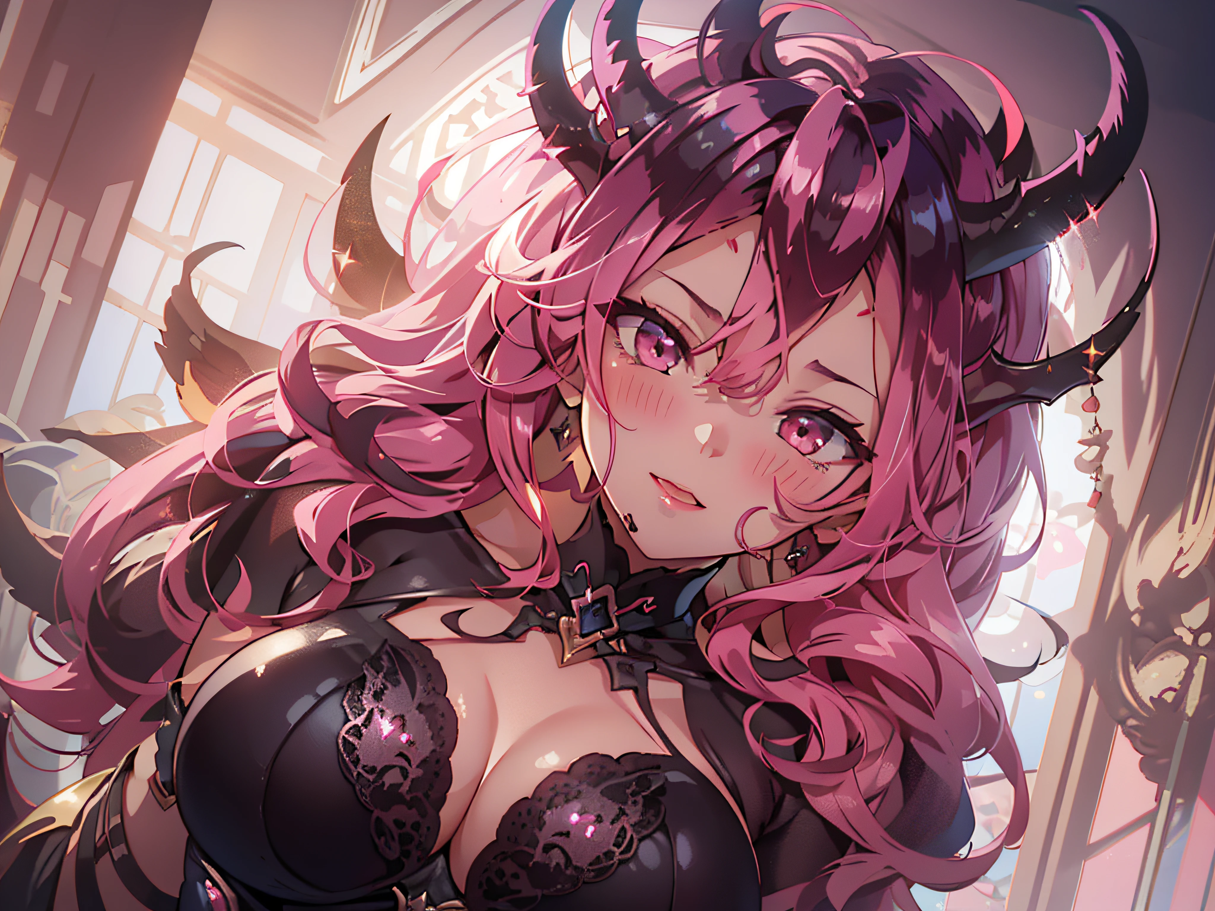 Succubus Maiden, Plump body, The Mark of the Succubus, Color expressions, Sexy clothes, sexyposture, Shiny hair, rough breath, full blush, Gradient hair, hair one side up, A high resolution, High detail, Depth of field, Sparkle, Chiaroscuro, Ray tracing, Lens flare, Sony FE, baroque, Best quality, Textured skin