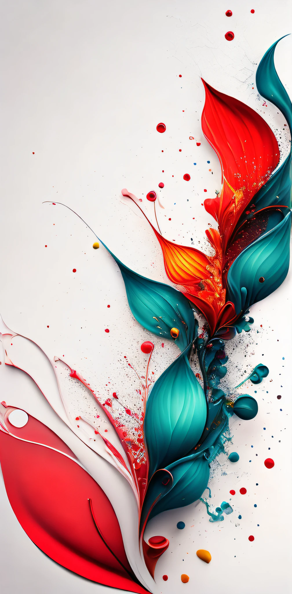 uma Flor abstrata cravos vermelhos se soltando caindo de cima pra baixo,, many loose petals in the air, cravos vermelhos,petalas de cravo vermelho no ar, caindo, folhas soltas caindo em cascata, fundo branco, folhas caindo sobrepostas, estilo de design plano, splashed water, Colouring, intrincado