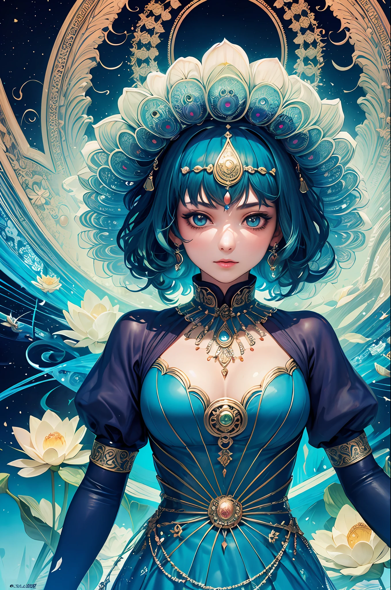 (masterpiece, top quality, best quality, official art, beautiful and aesthetic:1.2), (1girl), extreme detailed,(fractal art:1.3),colorful, highest detailed, Indian Aesthetics, lotuses, peacock feathers