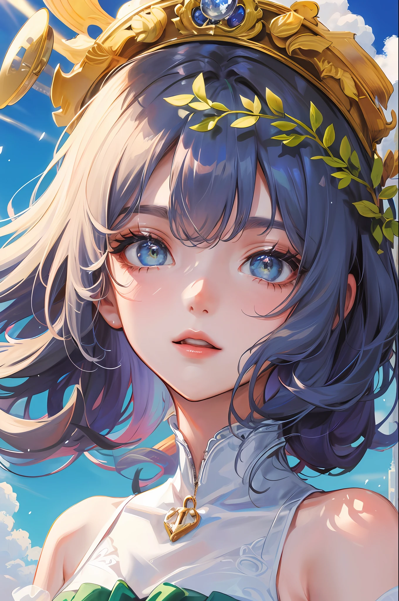 Masterpiece、high-level image quality、high-detail、 ,Official Art, ​masterpiece, Sharp Focus, (Beautiful gorgeous cute european woman:1.3), (Beautiful cute european woman:1.3),  Delicate Beautiful Hair and Eyes and Face, realisitic, ultra-detailliert, a beauty girl, blue-sky, Glow white particles, (side lights:1.2), rays of sunshine, white clouds, Fine clouds, grass field, Leprechaun,