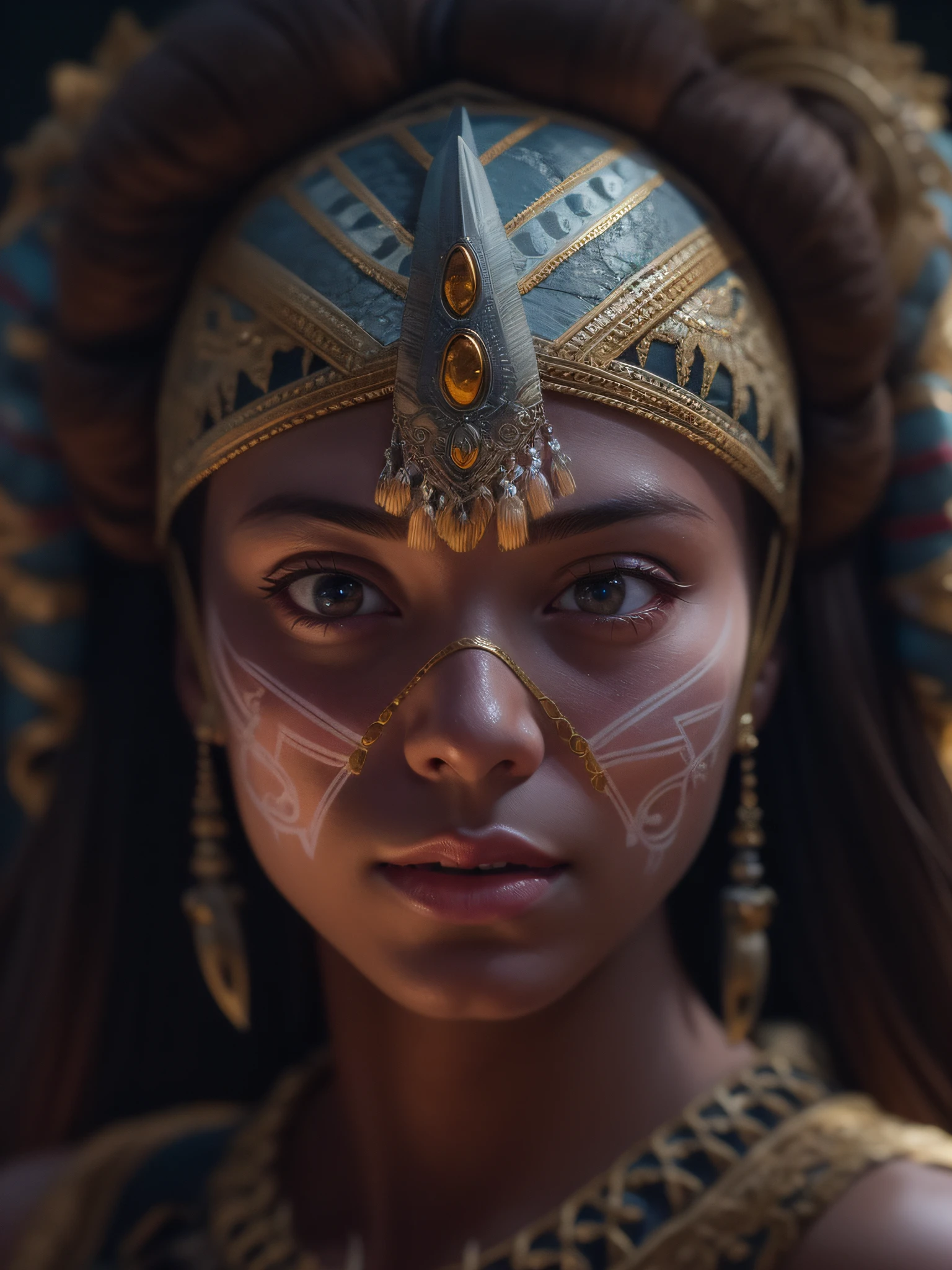 female, ancient tribal warrior with pastel easter egg facepaint, photorealistic, centered, head and shoulder portrait, perfect composition, beautiful detailed intricate insanely detailed, octane render trending on artstation, 8 k artistic photography, photorealistic concept art, soft natural volumetric cinematic perfect light, chiaroscuro, masterpiece, oil on canvas, raphael, caravaggio, moody lighting, 8 k resolution, octane render, trending on artstation, haze, ultra-detailed, film photography, light leaks, trending on artstation, studio photo, intricate details, highly detailed, Nikon D3100 | ISO 450 | focal length 70 mm (Sigma 50mm f1.5) | aperture f/4 | exposure time 1/250 Sec (DRI)
