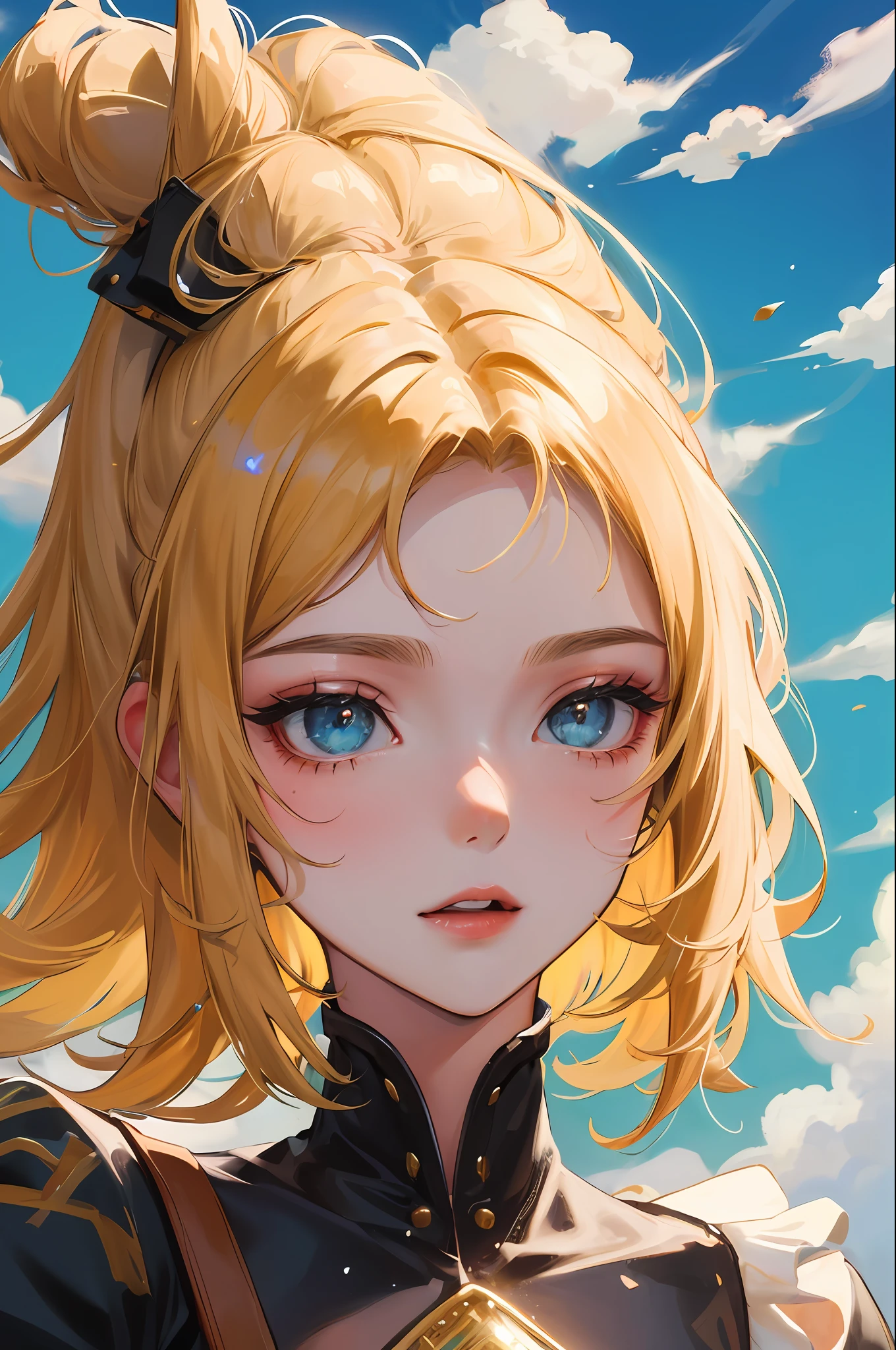 Masterpiece、high-level image quality、high-detail、 ,Official Art, masterpiece, Sharp Focus, (Beautiful gorgeous cute european woman:1.3), (Beautiful cute european woman:1.3), Delicate Beautiful Hair and Eyes and Face, realisitic, ultra-detailliert, a beauty girl, blue-sky, Glow white particles, (side lights:1.2), rays of sunshine, white clouds, Fine clouds, grass field, Leprechaun,