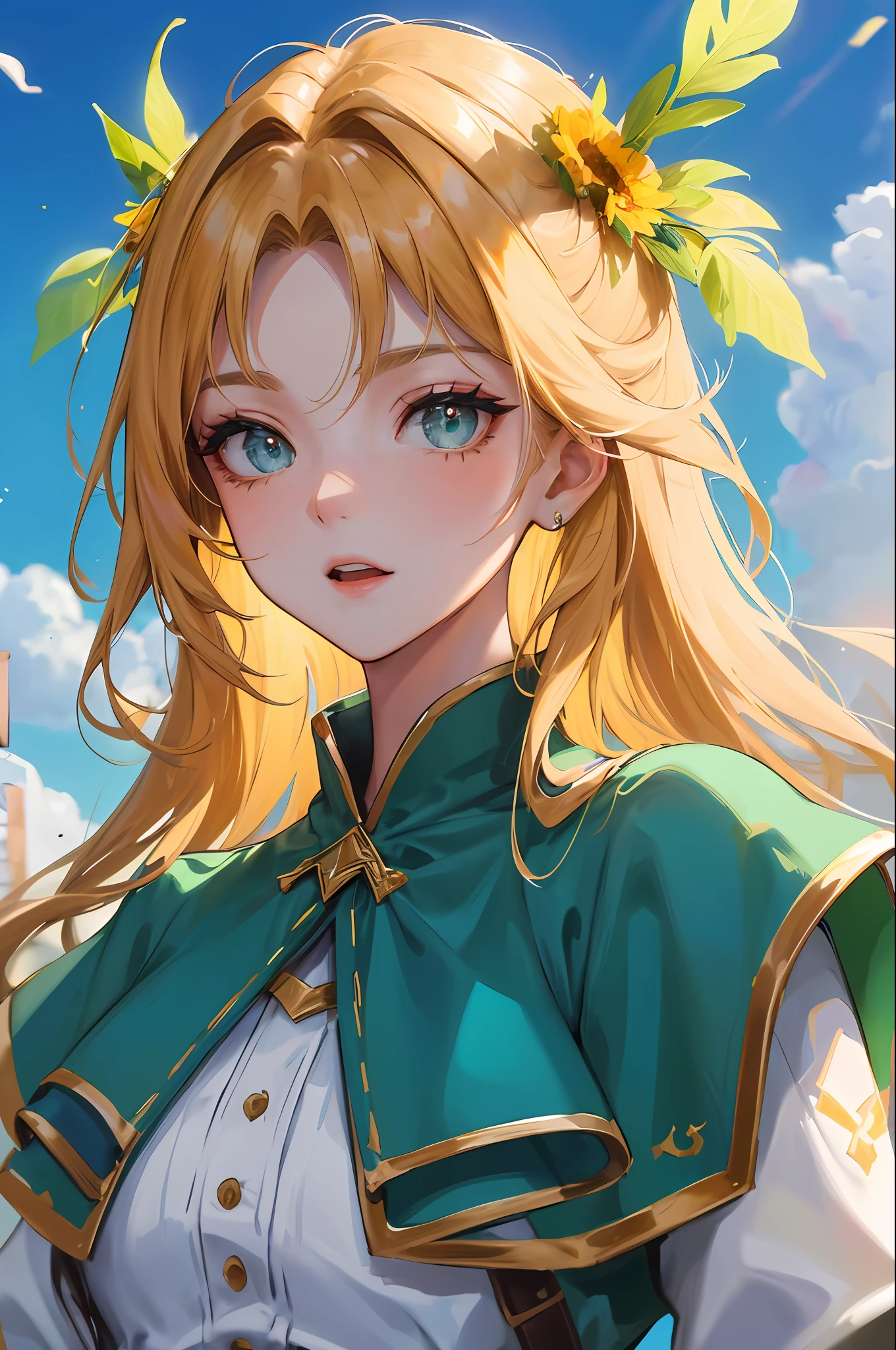 Masterpiece、high-level image quality、high-detail、 ,Official Art, ​masterpiece, Sharp Focus, (Beautiful gorgeous cute european woman:1.3), (Beautiful cute european woman:1.3),  Delicate Beautiful Hair and Eyes and Face, realisitic, ultra-detailliert, a beauty girl, blue-sky, Glow white particles, (side lights:1.2), rays of sunshine, white clouds, Fine clouds, grass field, Leprechaun,