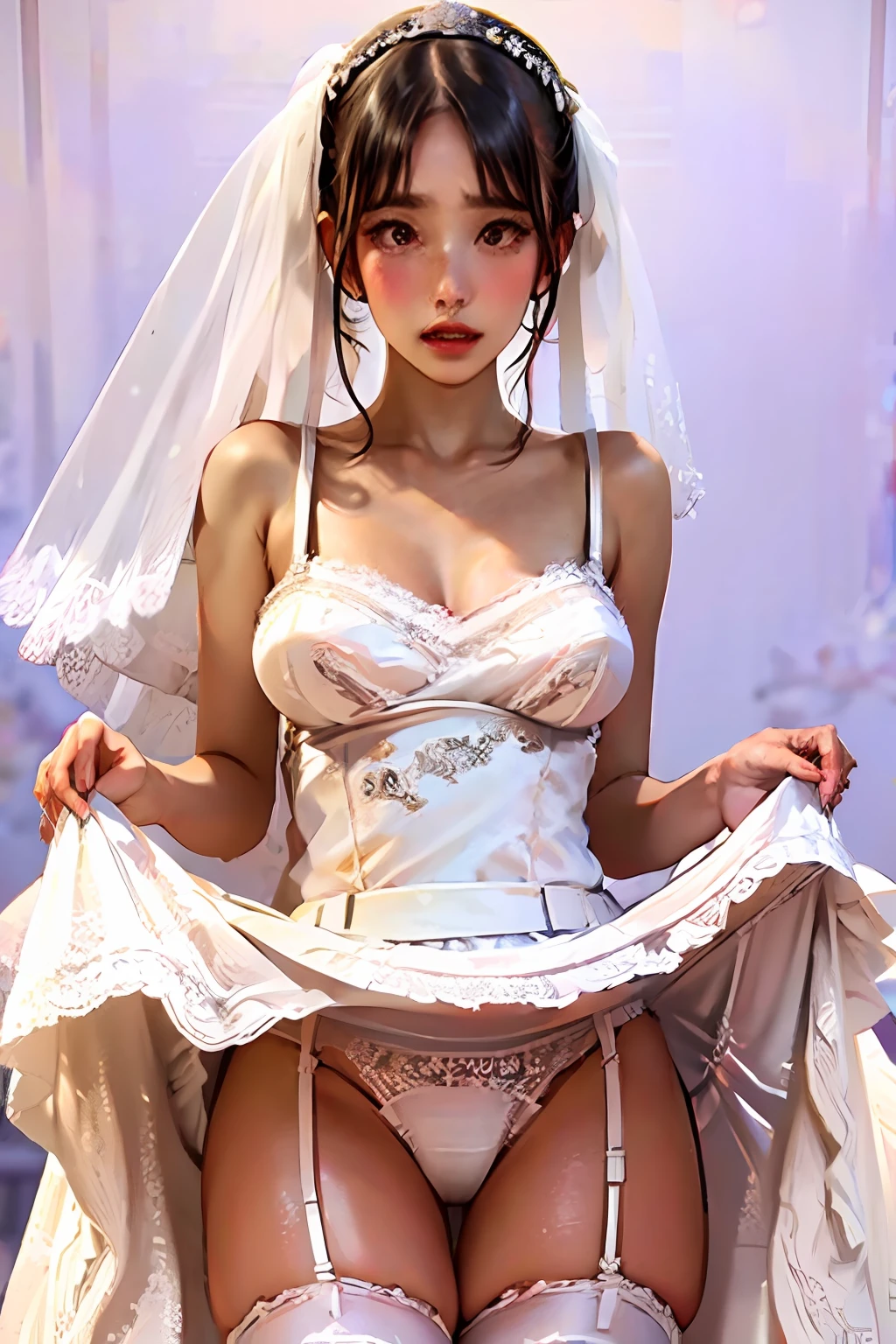 1girl, (25 years old, (solo:1.5), wedding dress, full-face blush, dress lift, nsfw, (white panties:1.5), (garter straps:1.5), detailed background, masterpiece, best quality, (ahegao:1.2)