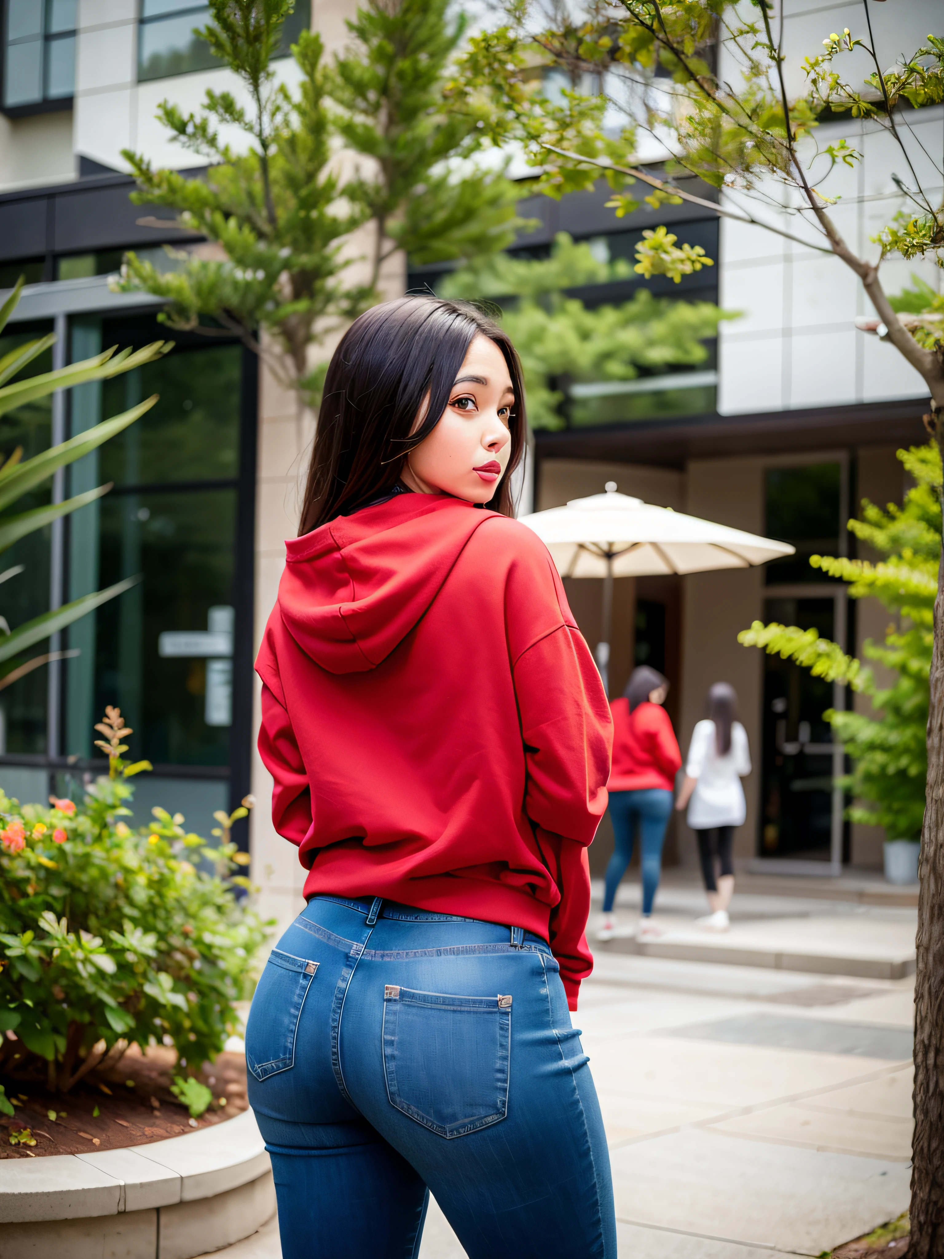 araffe woman in red shirt and blue jeans standing in front of a building, red hoodie, wearing a red hoodie, wearing a scarlet hoodie, back pose, from back, from the back, casual pose, 35 years old, bbwchan, showing her shoulder from back, 2 7 years old woman, 27 years old woman, 2 5 years old