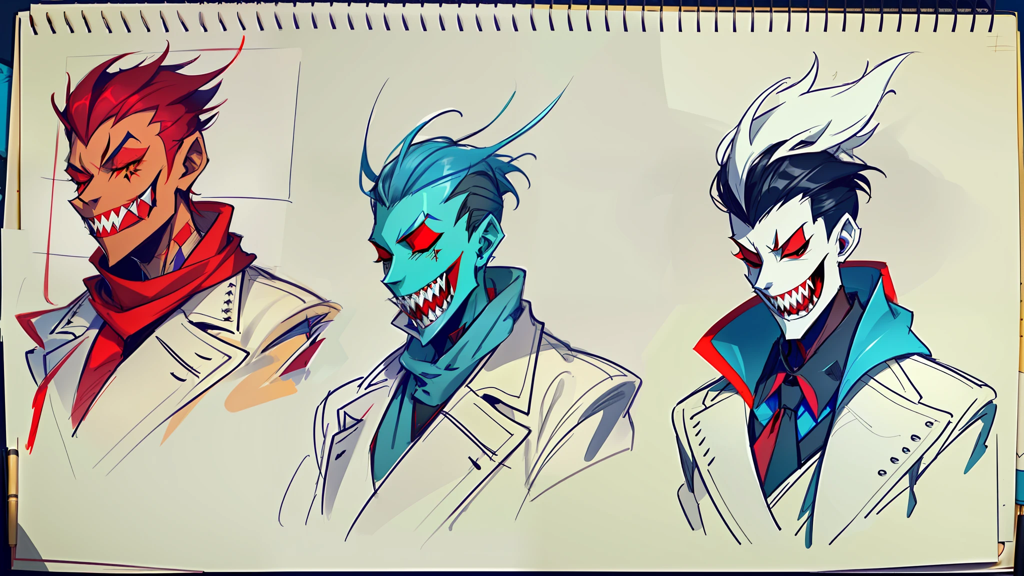 A guy who has no face, no eyes or nose, but has a mouth full of sharp teeth, he wears a blue overcoat, yellow fedora and a red scarf around his neck. Helluva boss Style, Hazbin hotel Style, his skin is flourescent blue. drawing references hazbin hotel style males hand drawing sketchs