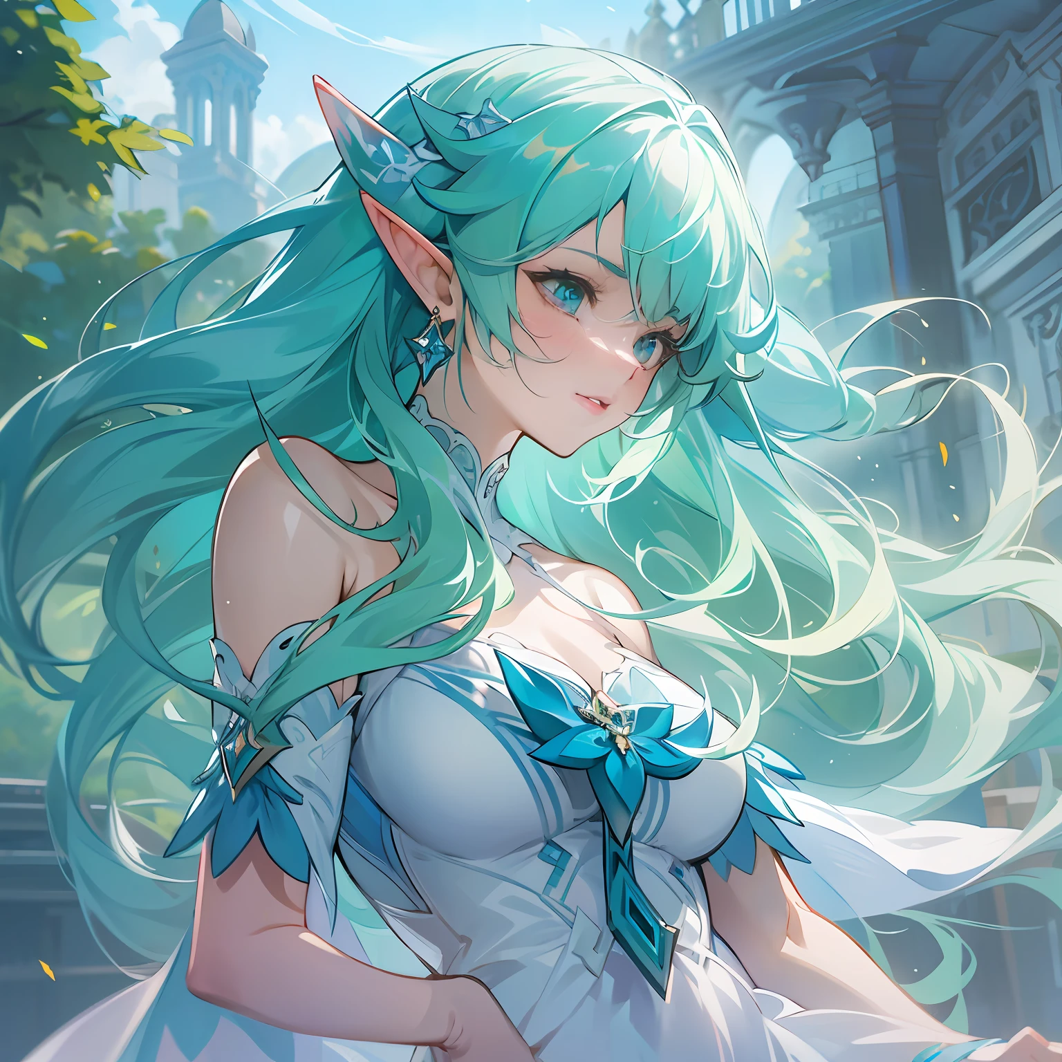 anime - style image of a woman with blue hair and a blue dress, extremely detailed artgerm, trending on artstation pixiv, artgerm on artstation pixiv, 8k high quality detailed art, anime goddess, ! dream artgerm, genshin, 2. 5 d cgi anime fantasy artwork, anime fantasy artwork,((elf ears)), ((long hair)), ((white dress)), ((only face))