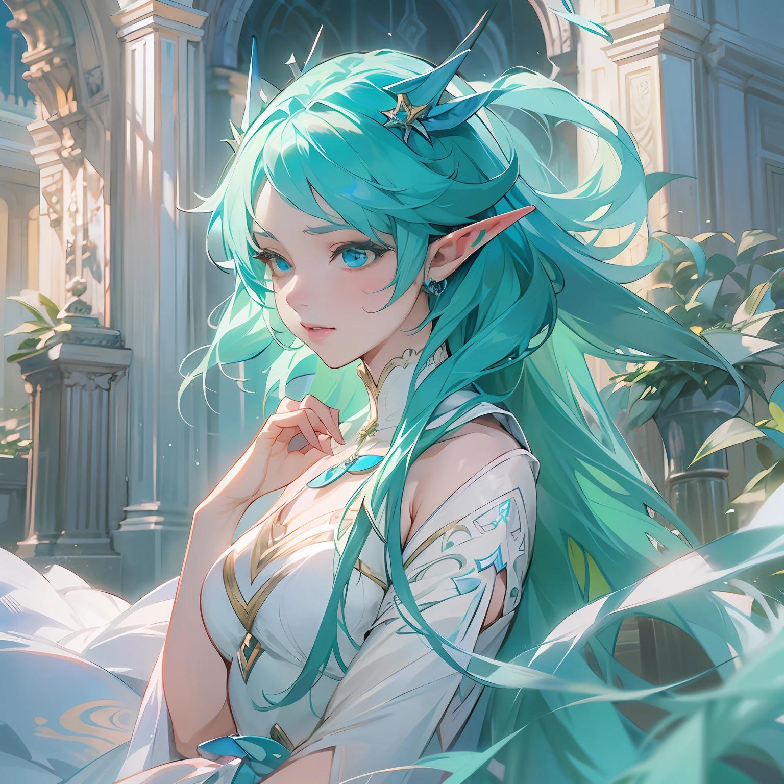anime - style image of a woman with blue hair and a blue dress, extremely detailed artgerm, trending on artstation pixiv, artgerm on artstation pixiv, 8k high quality detailed art, anime goddess, ! dream artgerm, genshin, 2. 5 d cgi anime fantasy artwork, anime fantasy artwork,((elf ears)), ((long hair)), ((white dress)), ((only face))