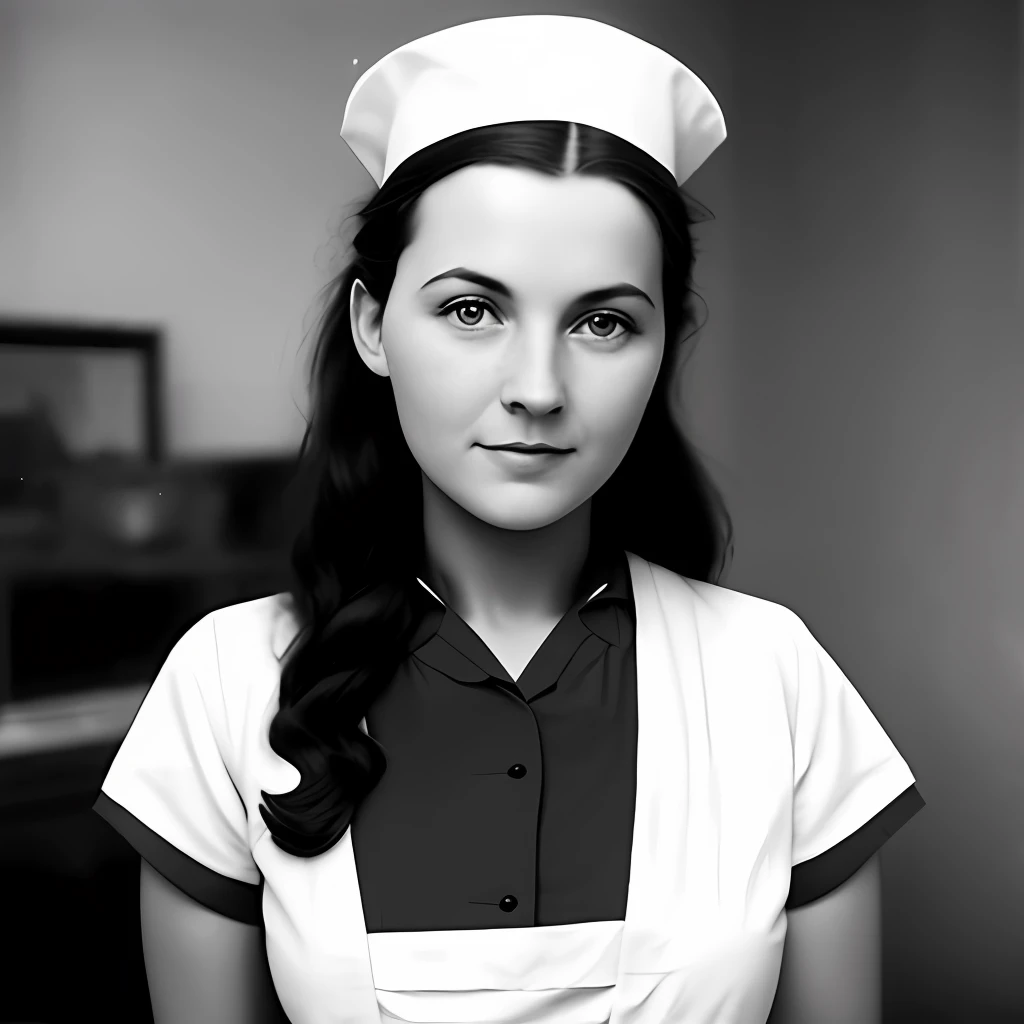 A realistic black and white photo of a German nurse in the 1940s