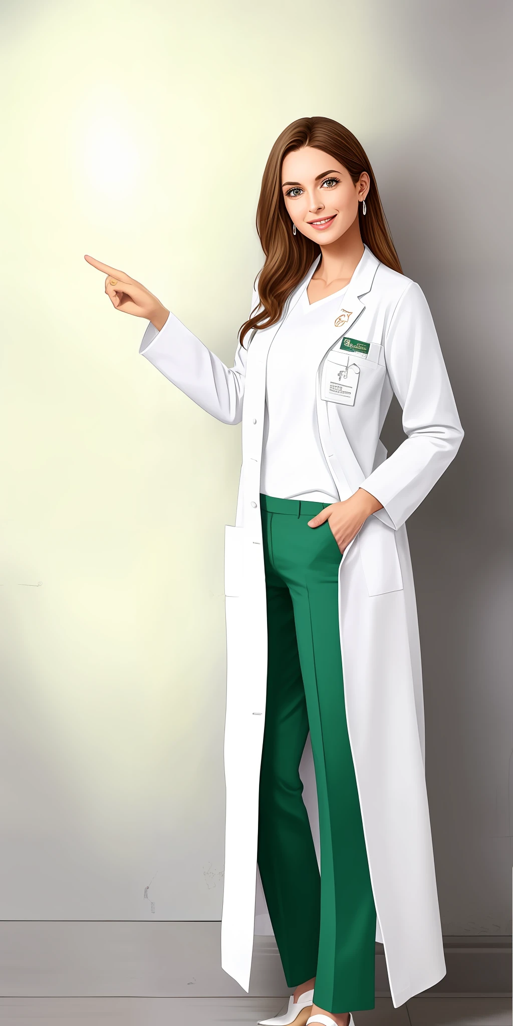 Woman dressed in a white lab coat and green pants, sorridente, (1girl), age group 30 years old, His perfect right hand points with his index finger to the right side, Dedos perfeitos e proporcionais, vestindo jaleco branco e blusa verde, sapatos brancos, Enfermeira, Jaleco, usando jaleco, jalecos, foto de retrato de corpo inteiro, usando jaleco, vestindo um jaleco branco, with coat without any emblem or inscriptions in the pockets, vestindo jaleco, usando jaleco, foto de corpo inteiro
